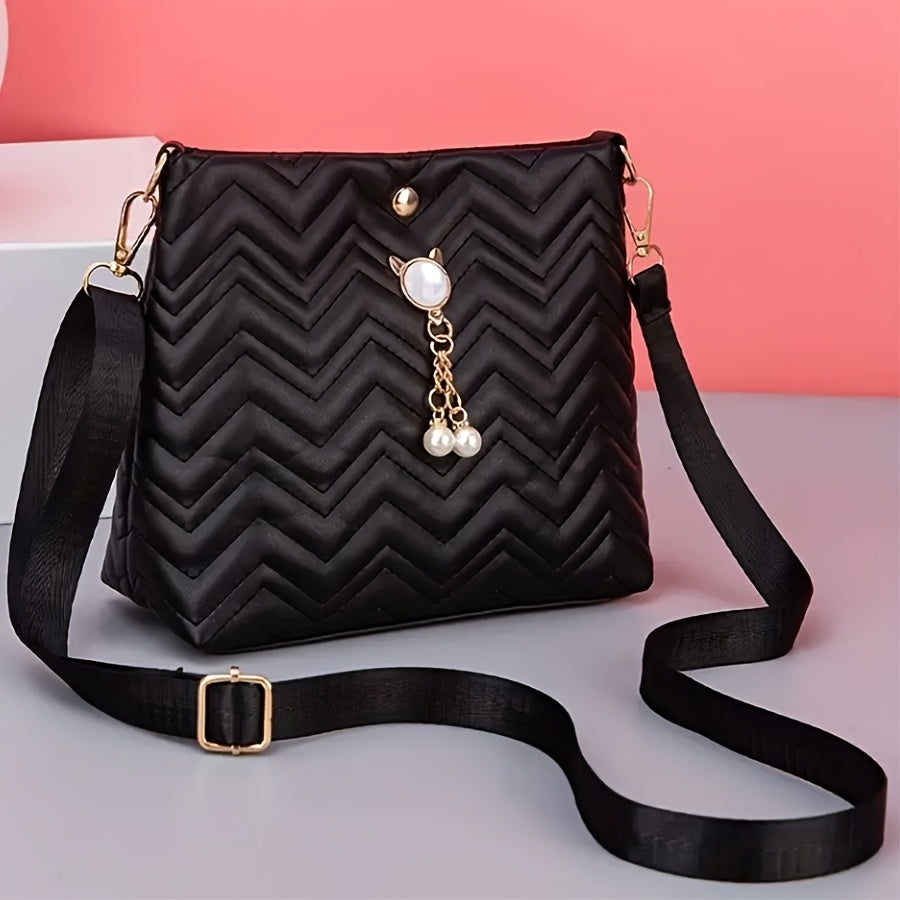 Women's Quilted Crossbody Bag with Chevron Pattern Pearl Pendant and Gold Accents in Multiple Colors