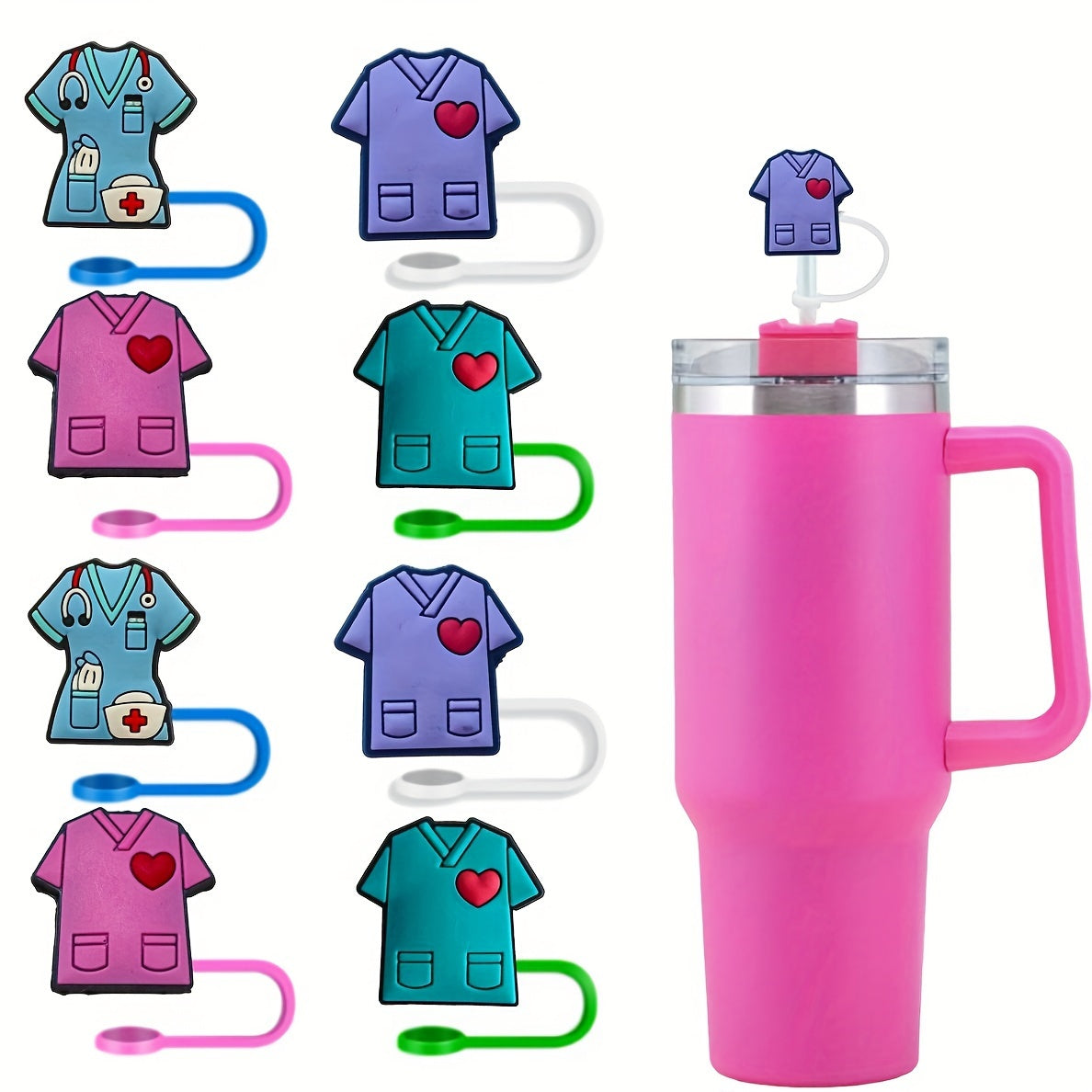 Set of 4 Nurse-Themed Silicone Straw Covers for Holiday Party and Christmas