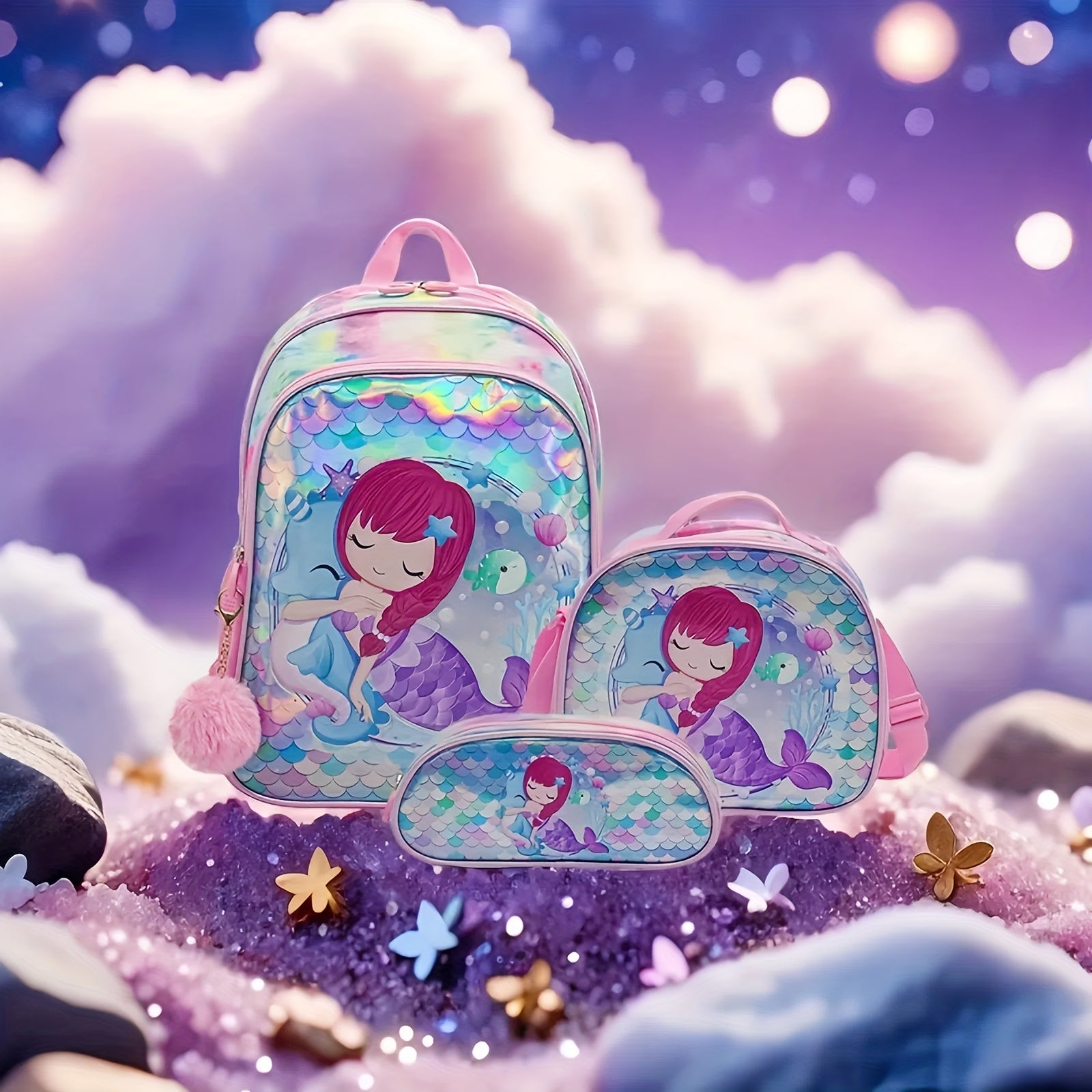 16 dyuymli qizlar uchun uch qismli o'quv sumkasi to'plami, ikki yelkalik o'quv sumkasi, ovqat sumkasi va qalam sumkasini o'z ichiga oladi. Sayohat, maktab yoki lager uchun zamonaviy va ko'p funksiyali. Barcha o'lchamlar uchun mos, pushti rangda.