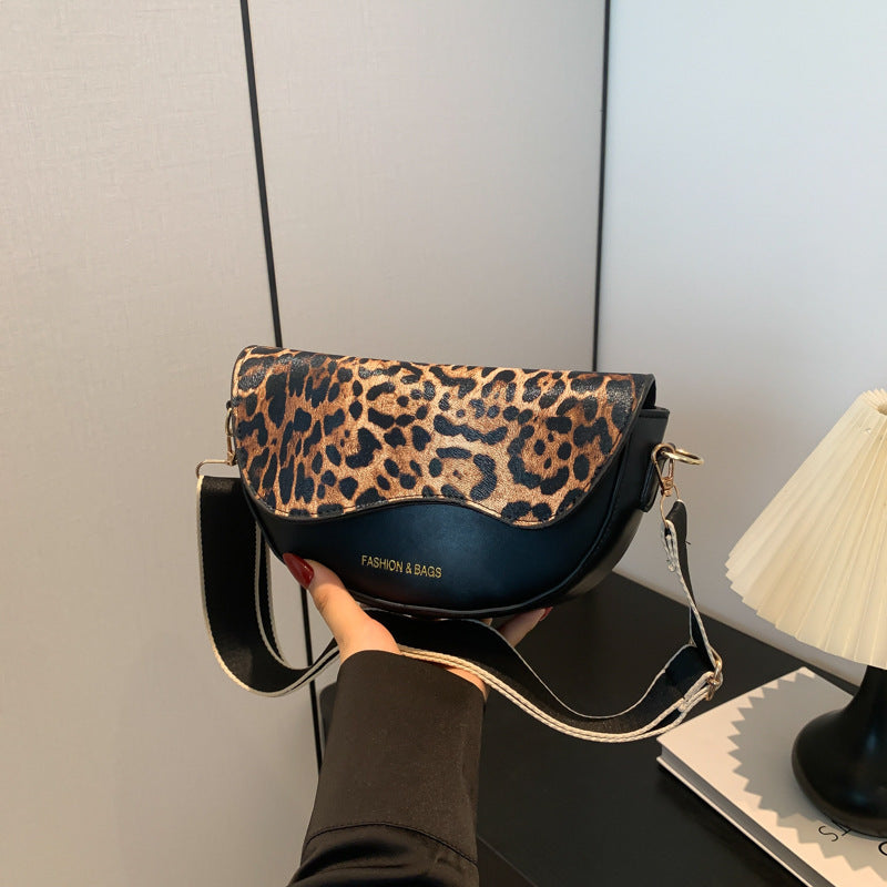 Women's Faux Leather Crossbody Bag with Leopard Print Flap and Magnetic Closure