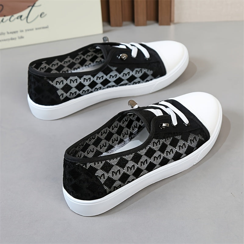 Women's Casual Sneakers Low-Top Lace-Up Slip-On Breathable Fabric White Black