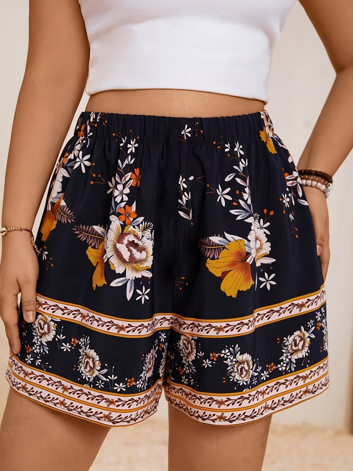 Шорты для женщин больших размеров с цветочным принтом для пляжа, белые, на шнурке, широкие брюки