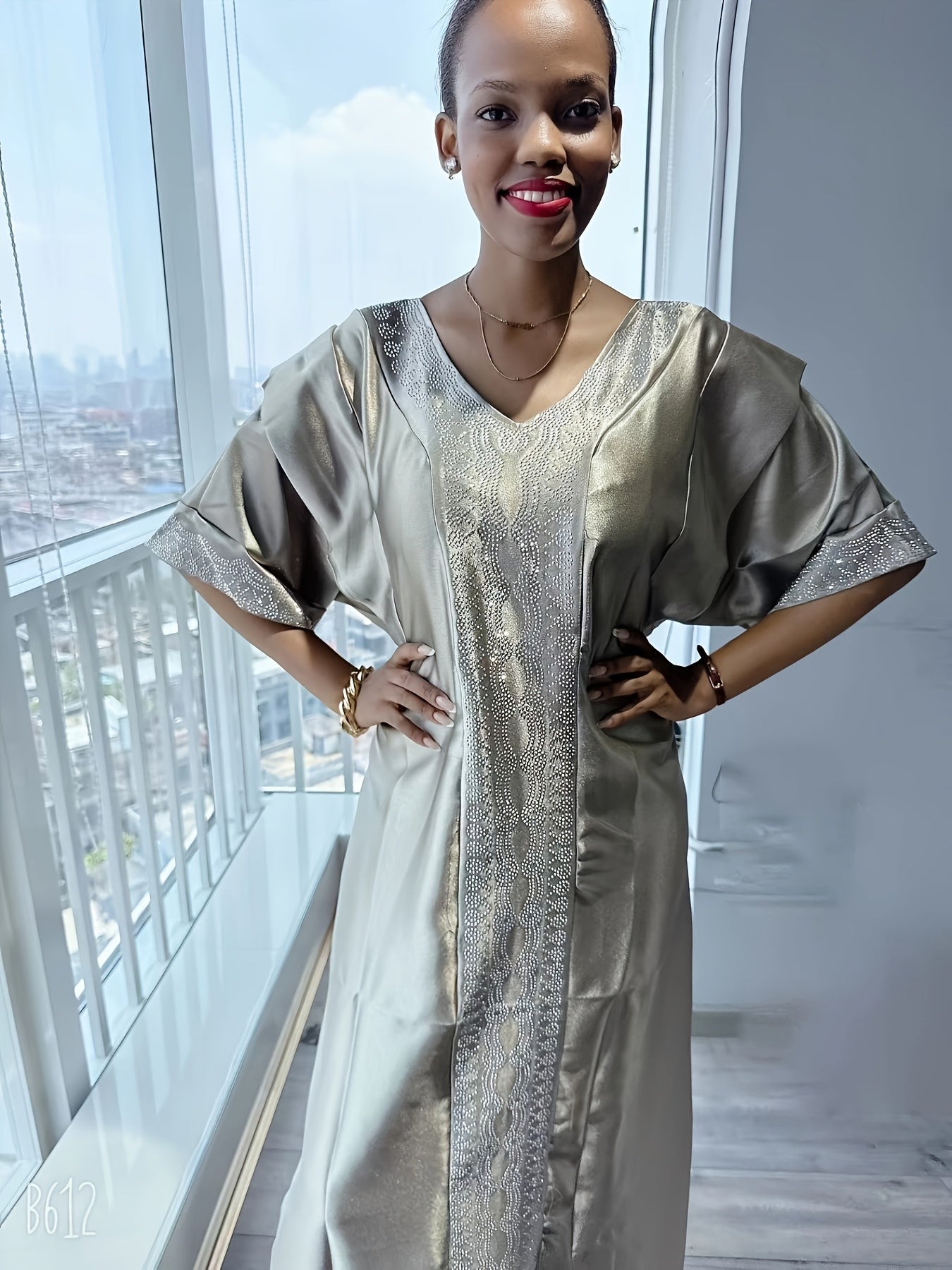 Women's Plus Size V-Neck Kaftan Dress with Rhinestone Embellishments Beige