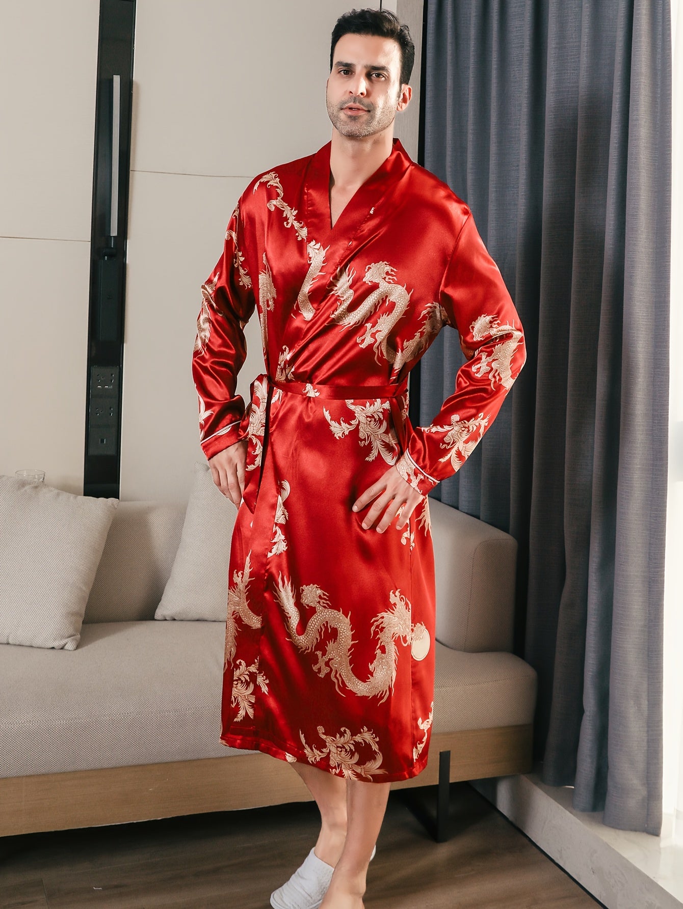 Men's Long Sleeve Robe with Golden Dragon Print Casual Pajama Loungewear Polyester