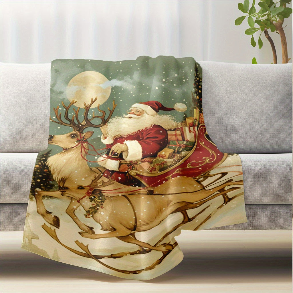 Christmas Santa Claus Flannel Throw Blanket Soft Knitted Polyester Warm Cozy for Home Office Travel