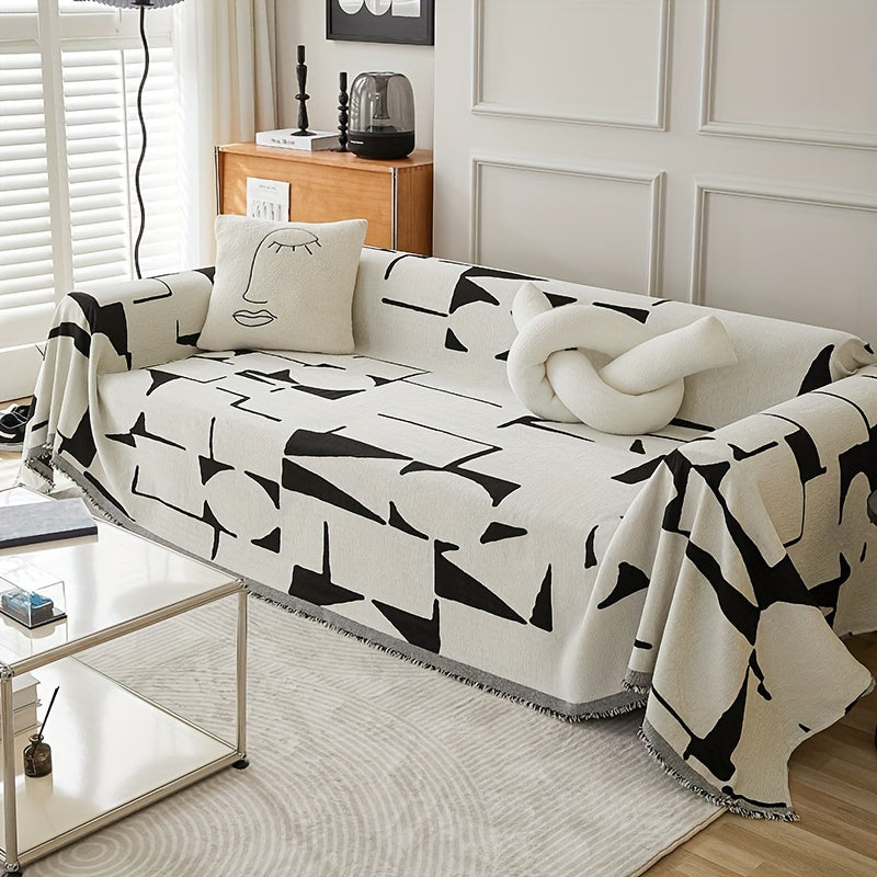 Bohemian Pet-Friendly Sofa Cover with Tassels Non-Slip All-Season for 1-4 Seaters Beige and White Striped