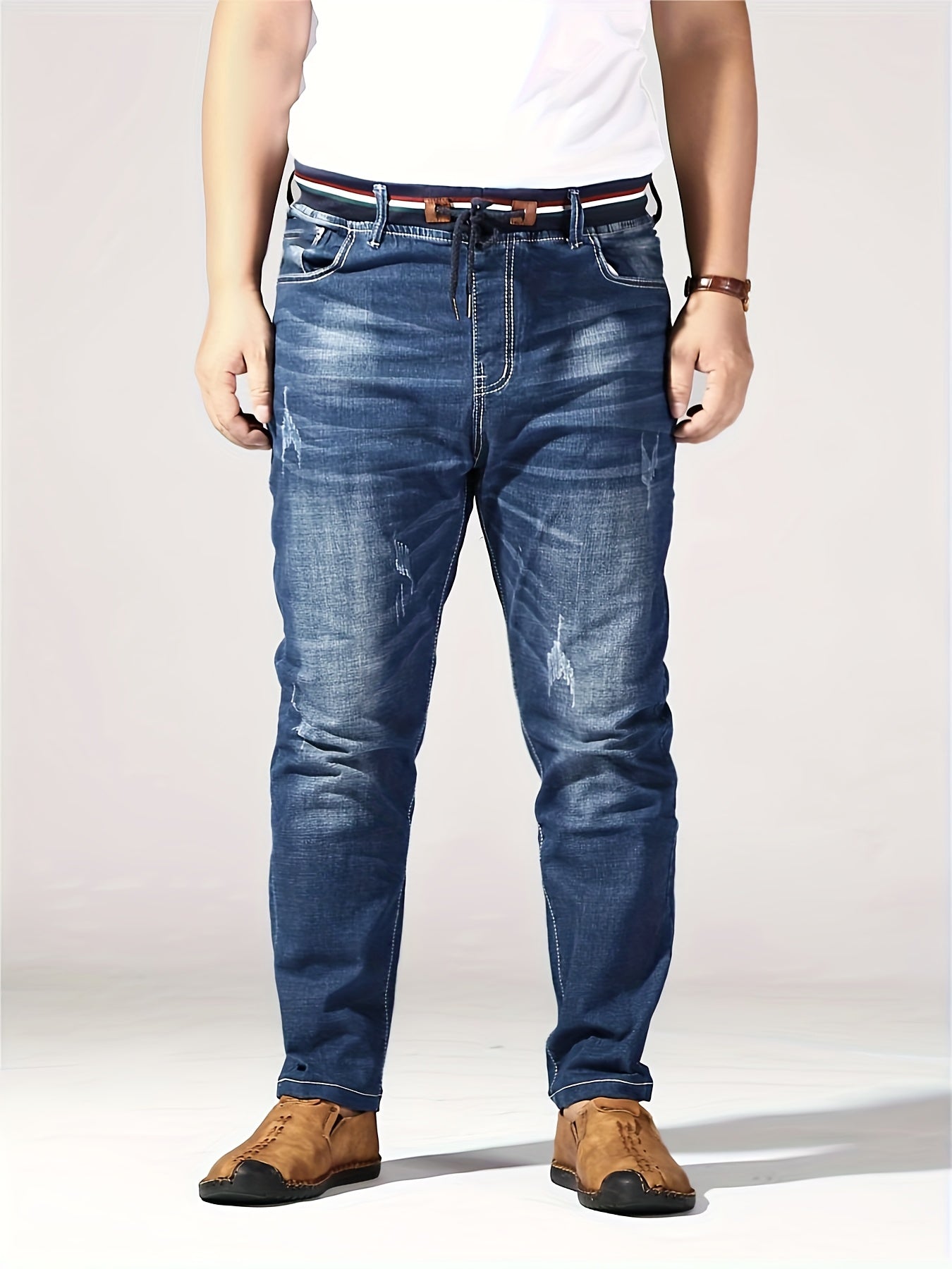 Plus Size Men's Slim Fit Jeans with Stretch Cotton Blend Ribbed Waistband Belt All-Season Denim