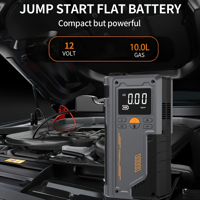 Portable Tire Inflator and Car Jump Starter with Lithium Battery and One-Click Air Pump