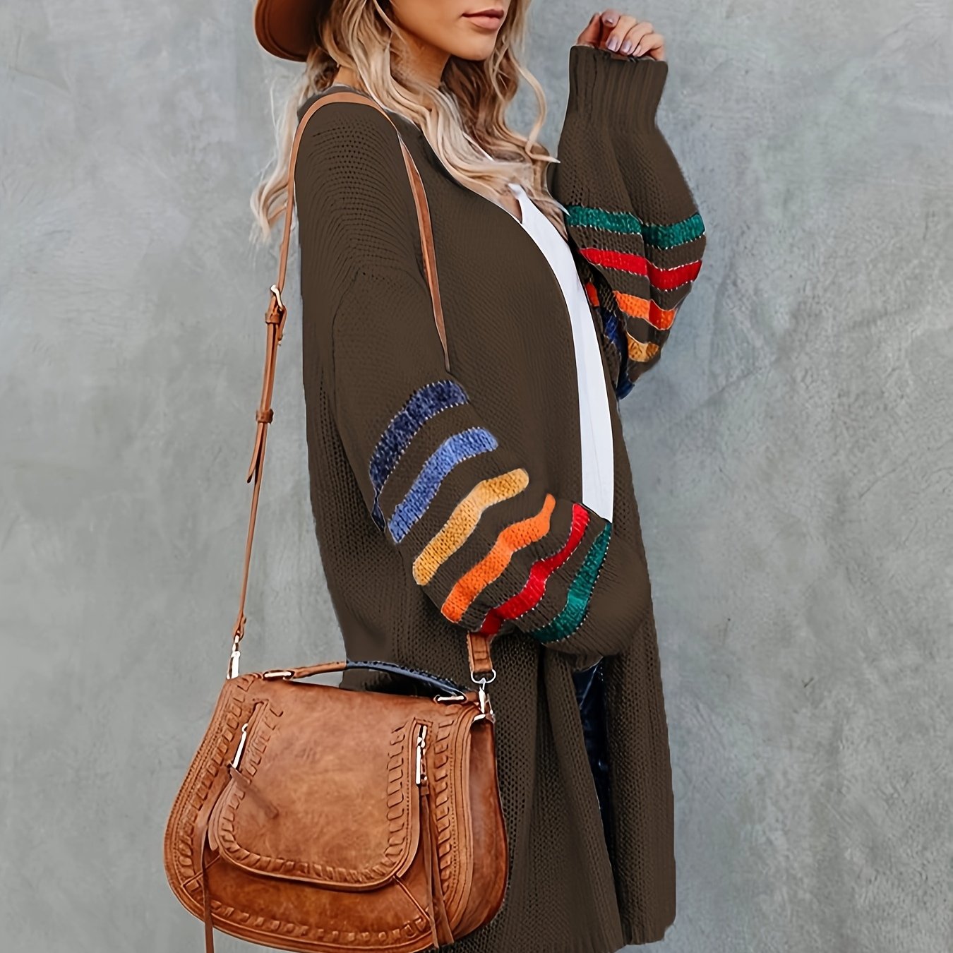 Women's Striped Knit Cardigan Long Sleeve Open Front Sweater Autumn Winter