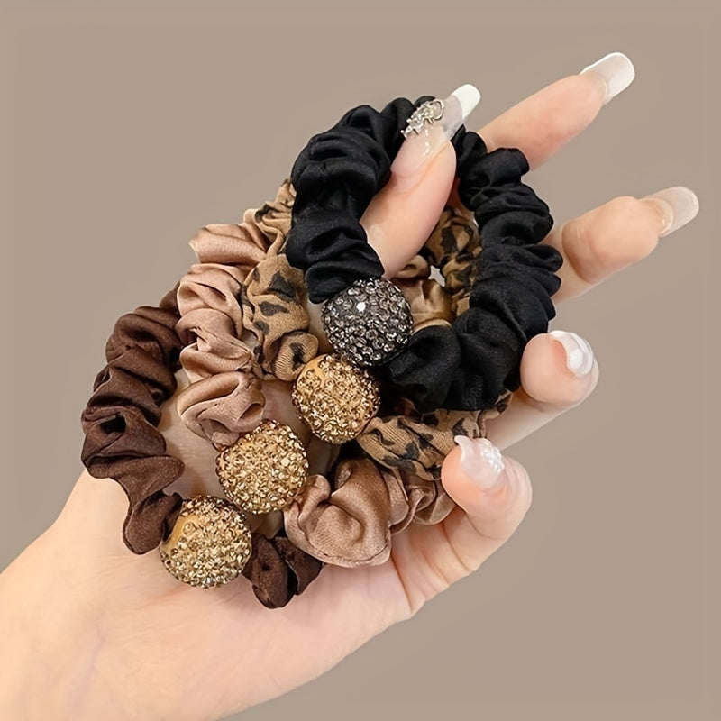 Set of 4 Rhinestone Hair Ties with Leopard and Solid Color Designs for Adults
