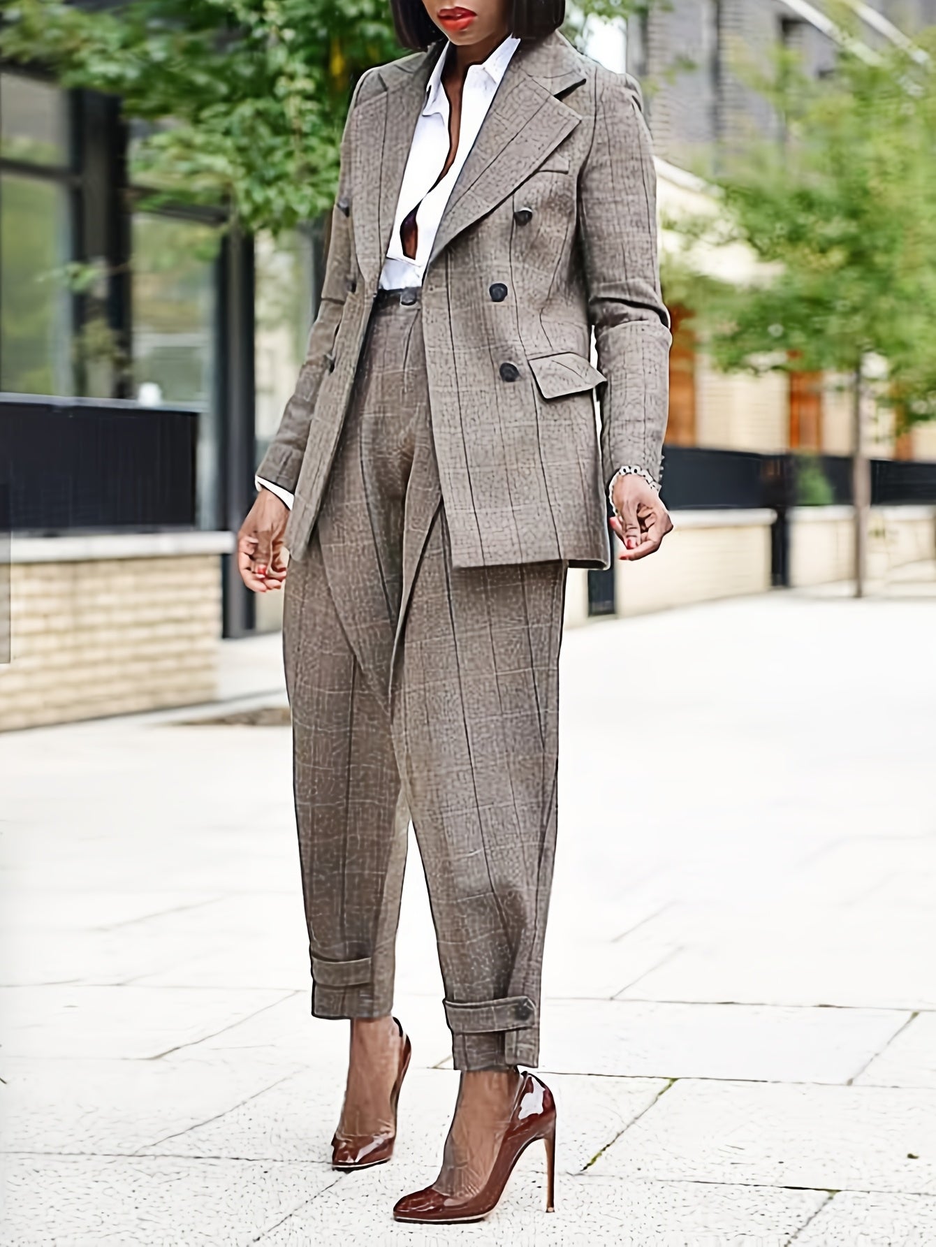 Conjunto de traje de cuadros casual para mujer con cuello de solapa de poliéster tejido primavera otoño