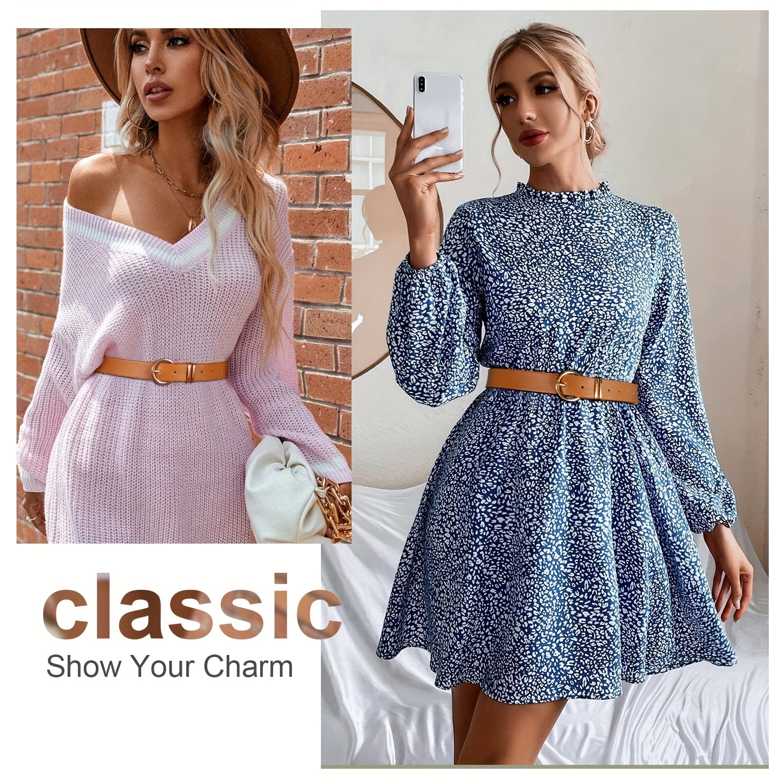 Women's Leather Belt for Jeans and Pants with Golden Buckle Solid Color Simple Design