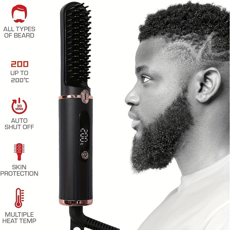 Cepillo alisador de barba y cabello con apagado automático, 4 configuraciones de temperatura, calentamiento rápido, peine portátil para viajes, para hombres y mujeres