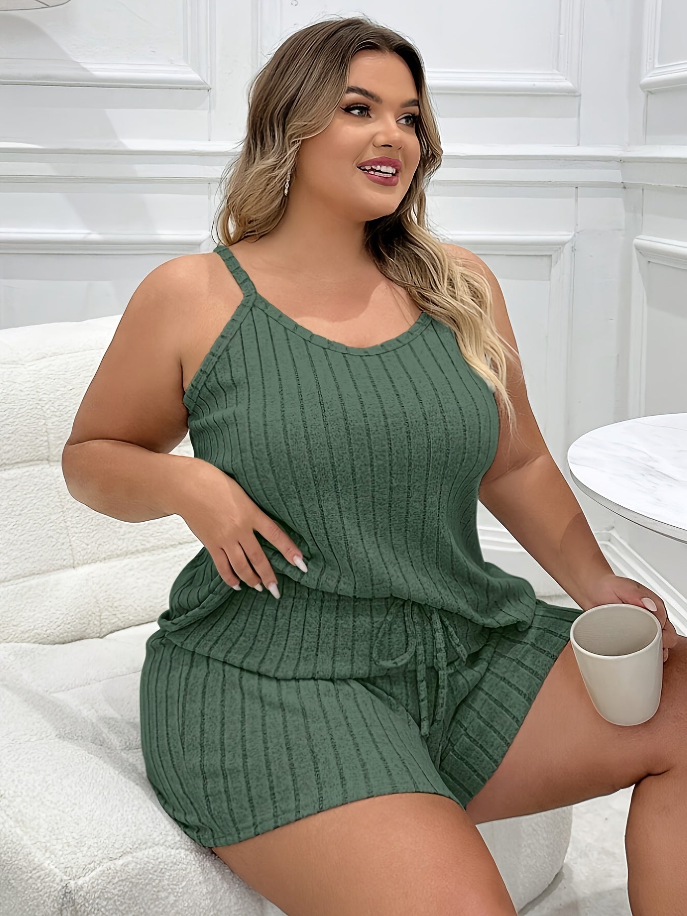 Women's Lounge Set Ribbed Tank Top and Shorts Solid Polyester Casual Comfortable