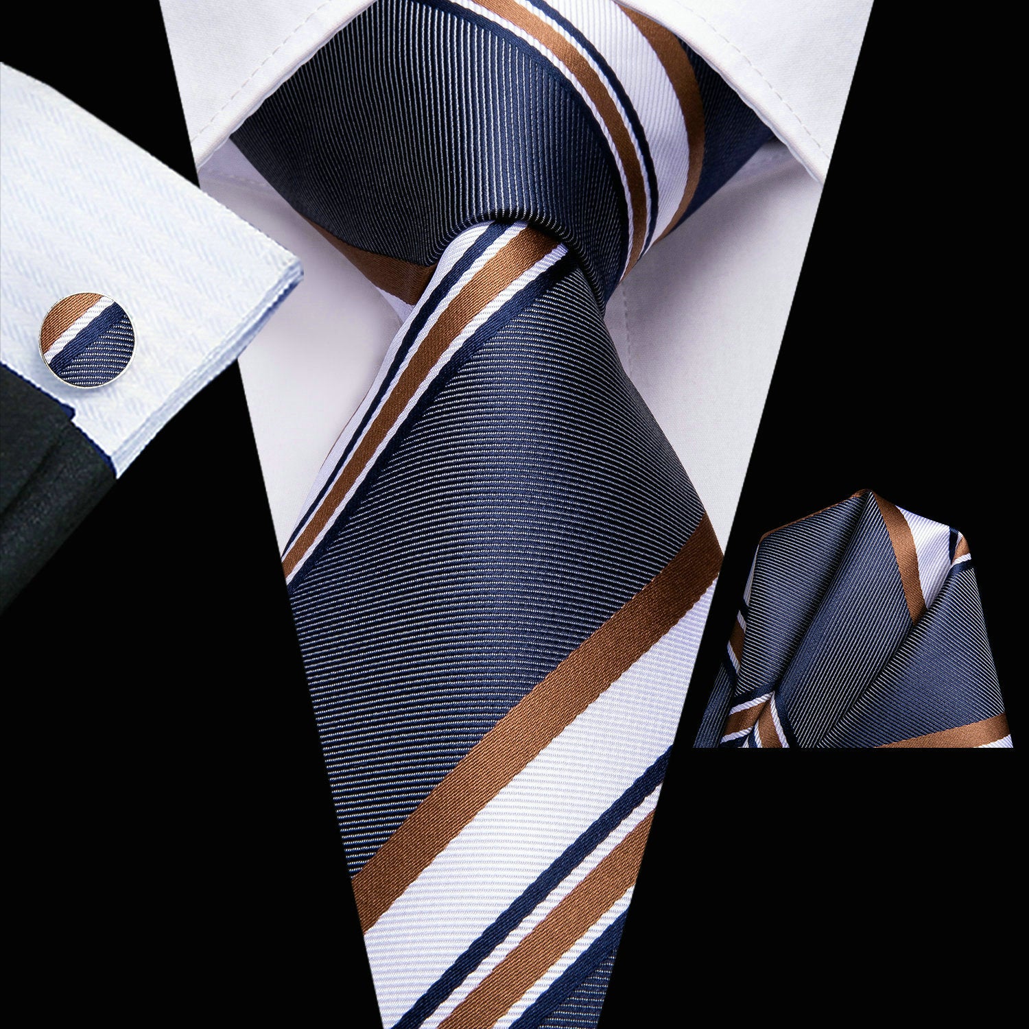 Men's Classic Striped Necktie Set with Cufflinks for Business and Party
