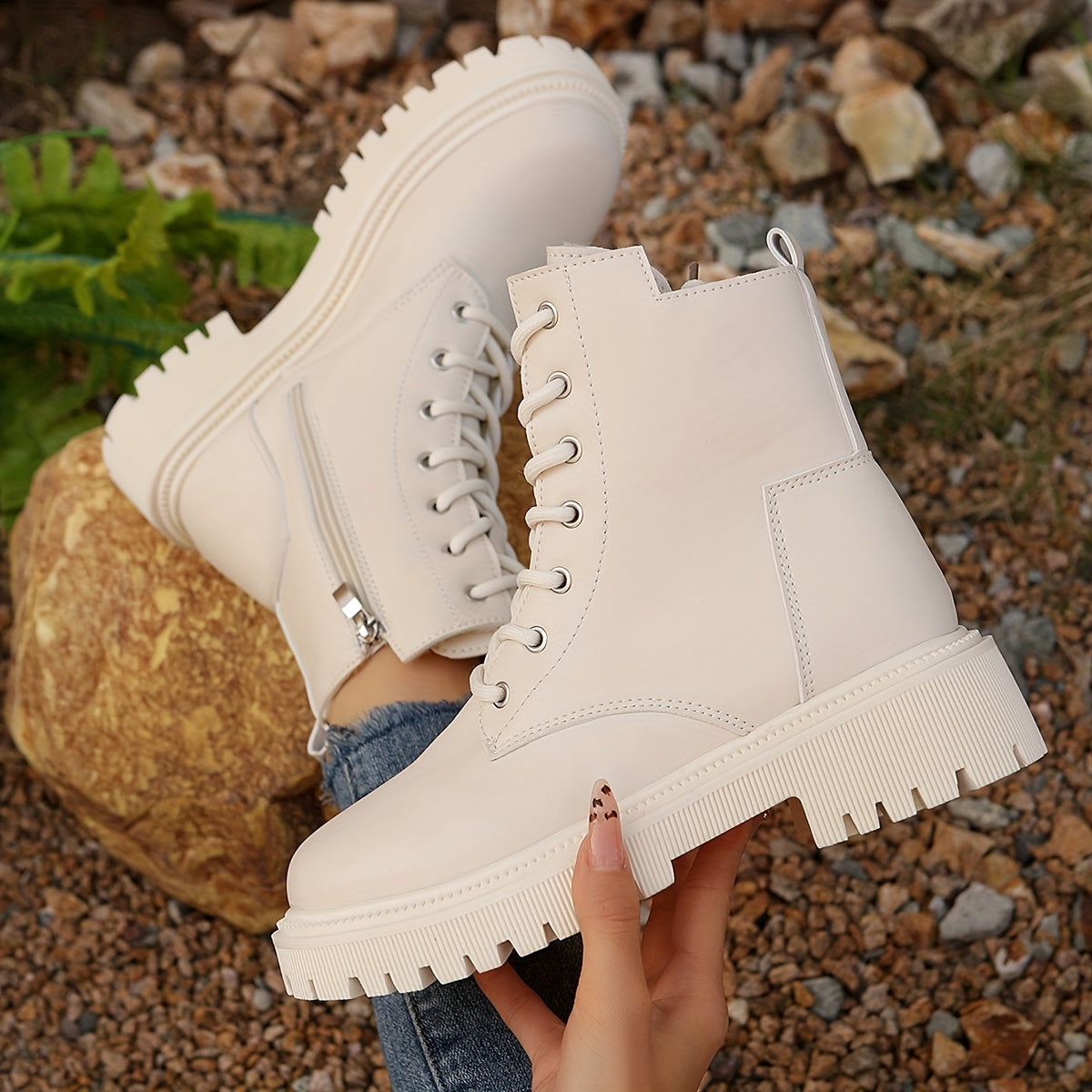 Women's Fleece-Lined Ankle Boots Winter Warm Lace-Up Casual Shoes