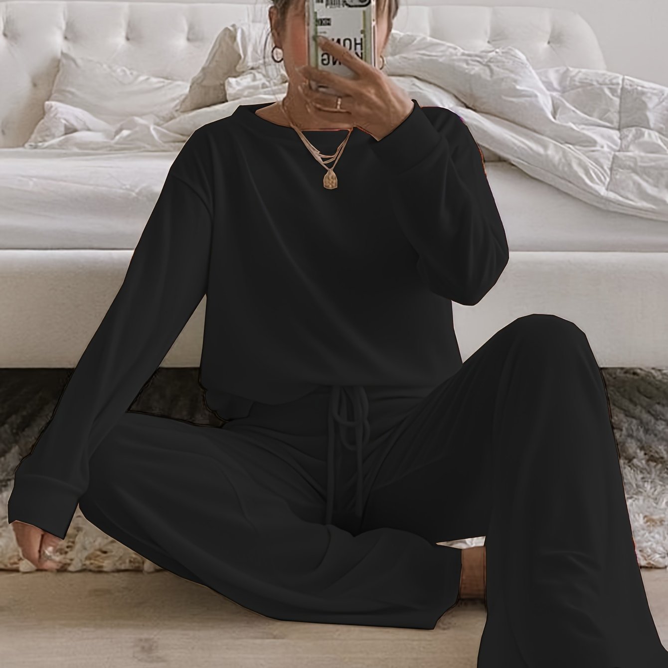 Women's Brushed Fabric Loungewear Set in Solid Color with Crew Neck and Long Pants for Fall Winter