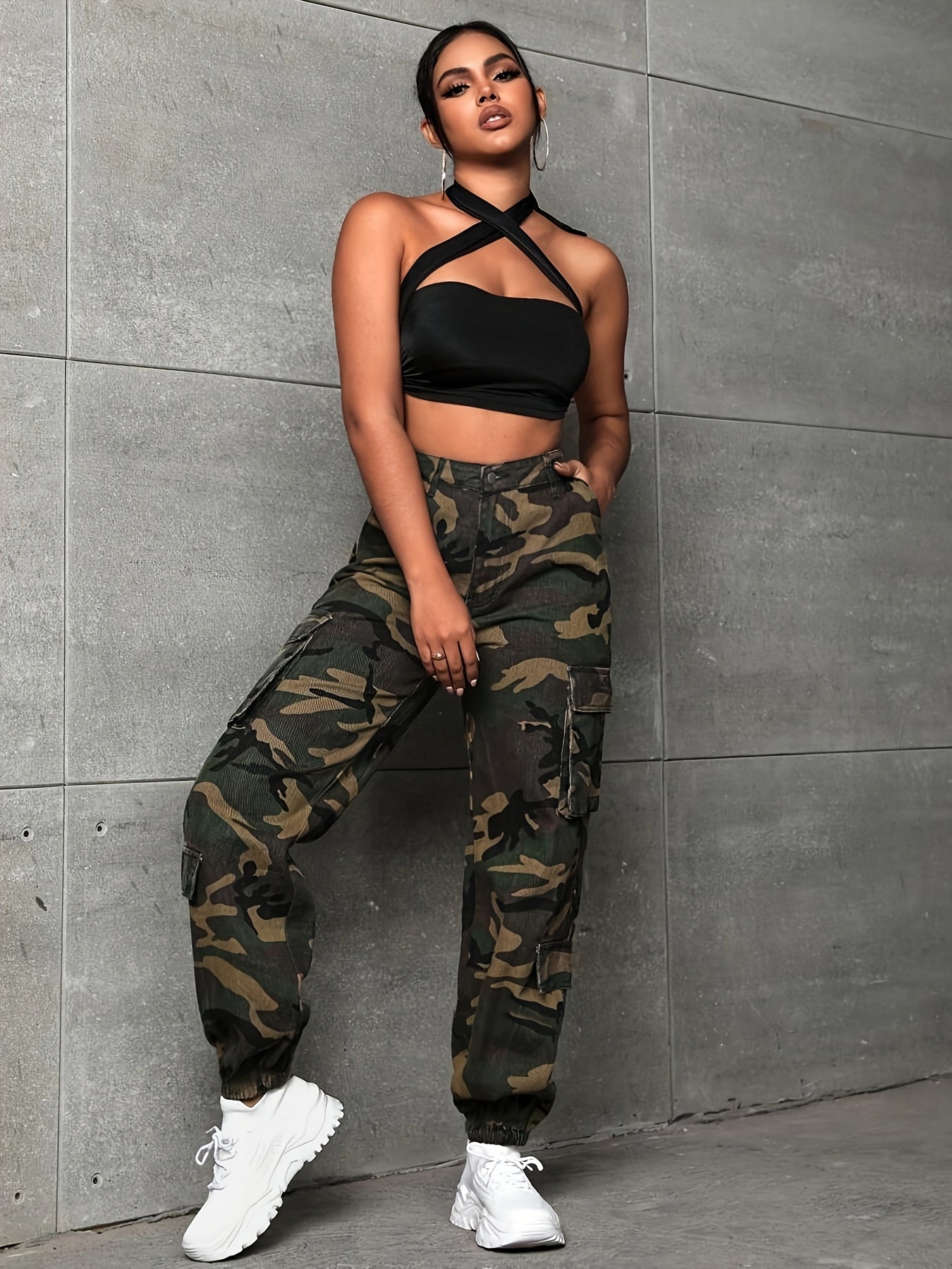 Women's Plus Size Camouflage Cargo Pants with Pockets Stretchy Green Camo