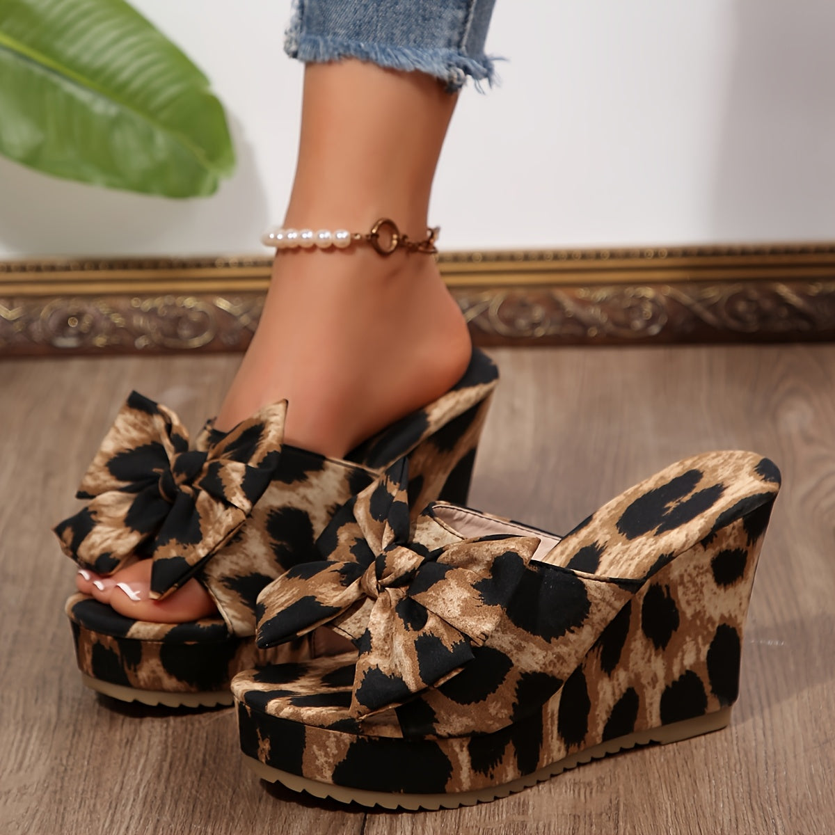 Women's Leopard Print Bow Slip-On Open-Toe High Heels Sandals
