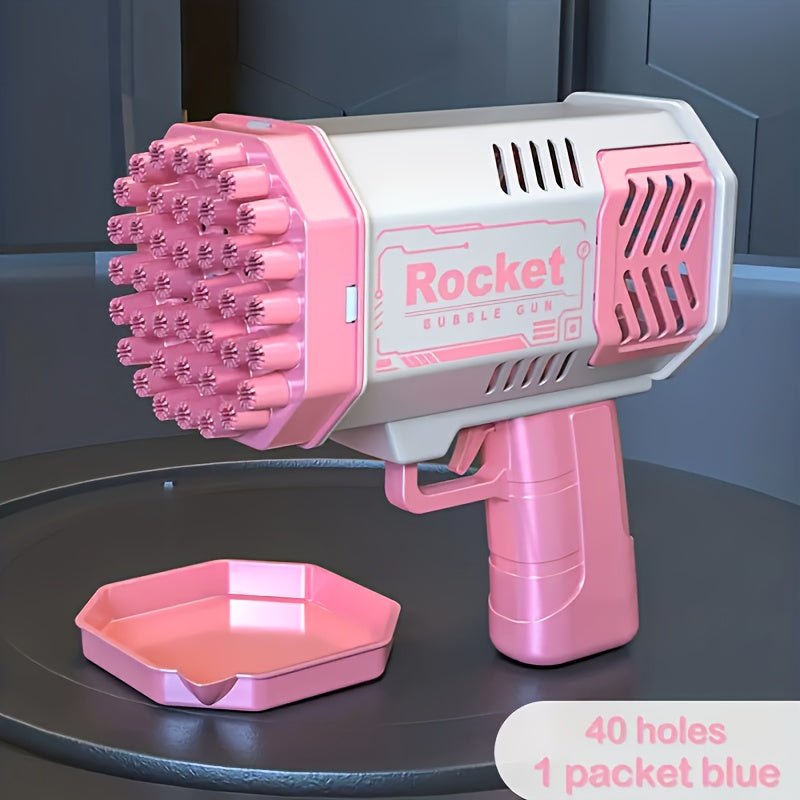 Fei Rui 40-teshikli elektr pufakcha quroli: LED chiroqlar, pushti va ko'k, portativ, ochiq havoda partiya o'yinchoqi; pufak eritmasi kiritilmagan. Sovg'a uchun emas.