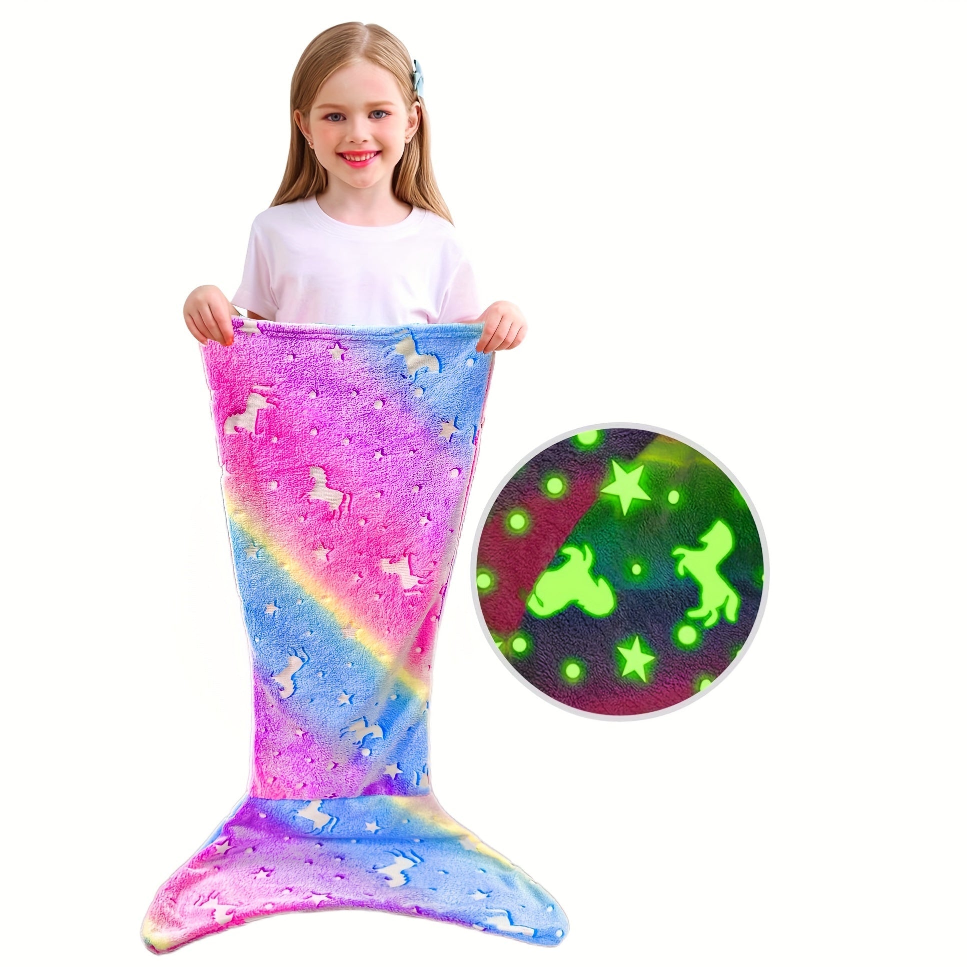Kids Girls Rainbow Unicorn Mermaid Tail Blanket Flannel Glow-in-the-Dark Cozy