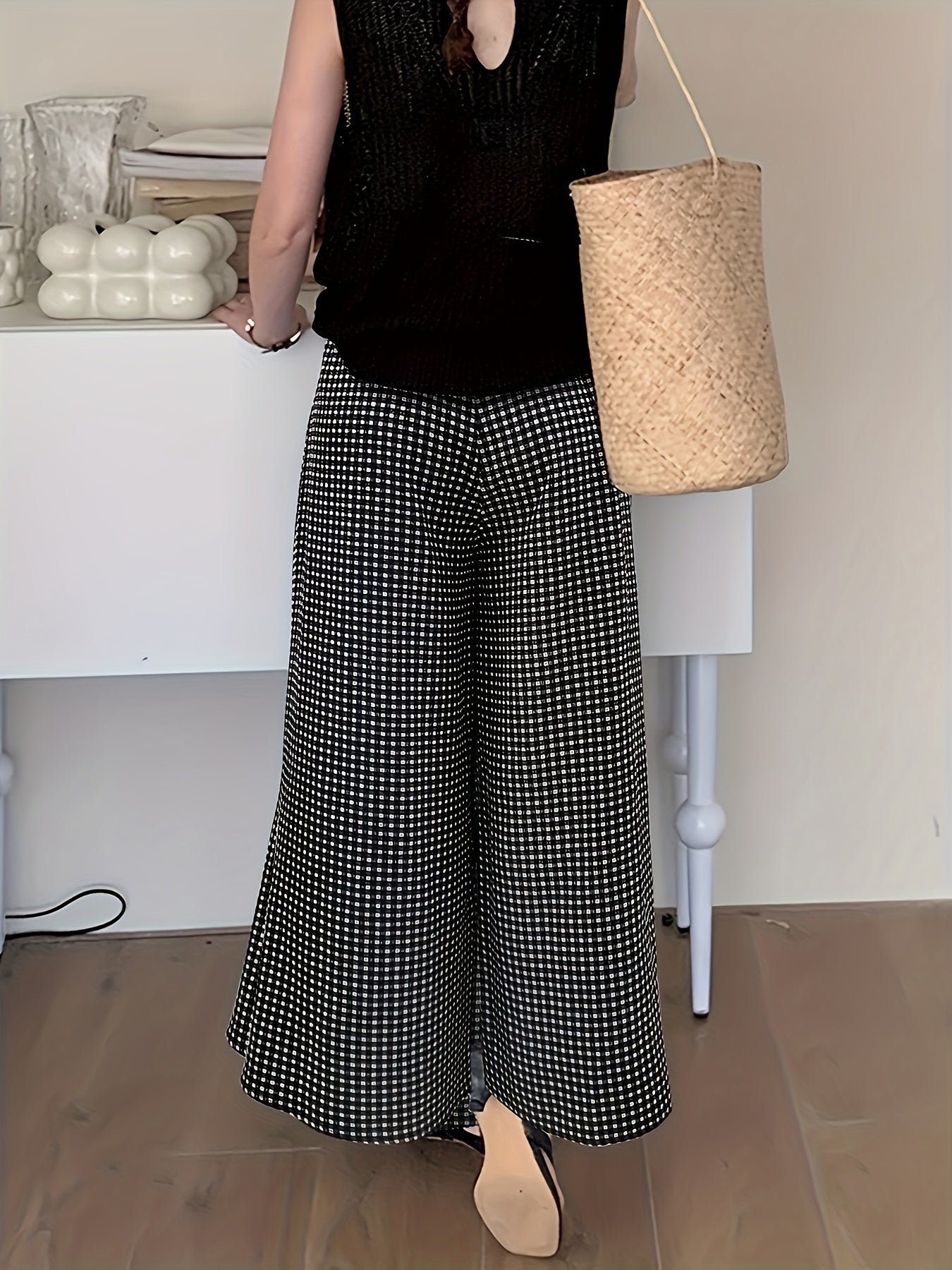 Women's Plaid Wide Leg Pants with Drawstring Waist for Spring and Summer
