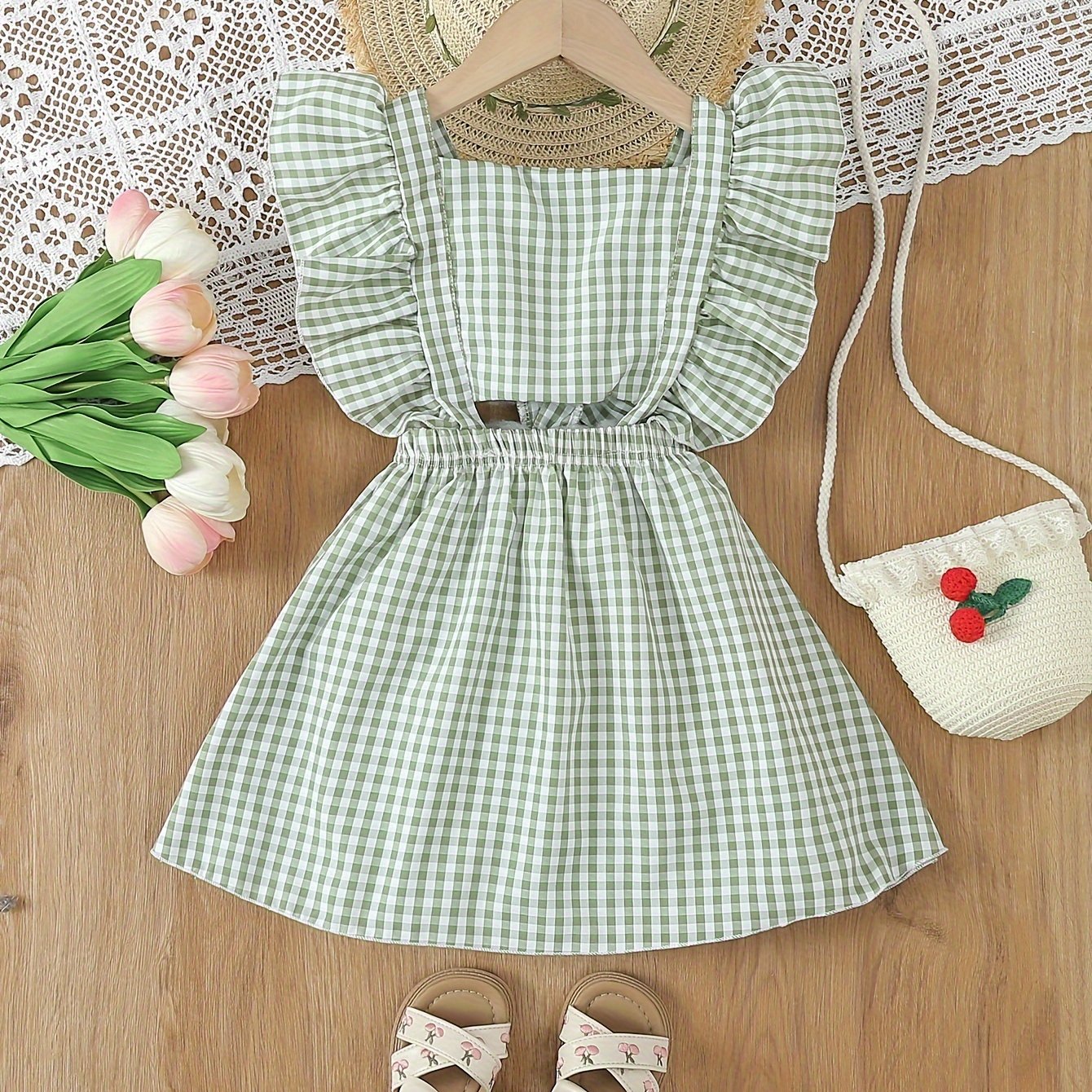 Kids' Summer Plaid Dress with Ruffle Sleeves for Children