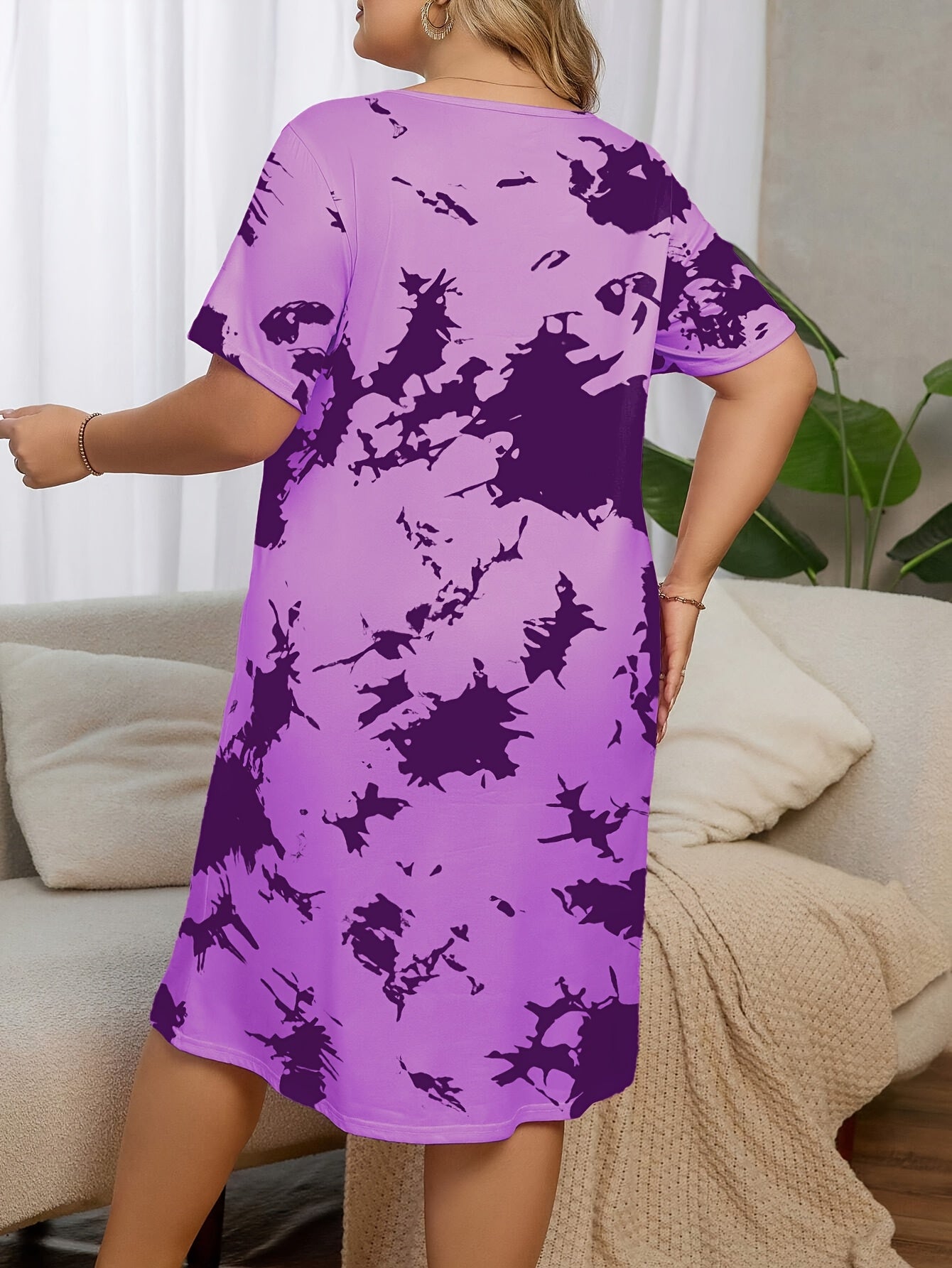 Plus Size Women's Sleep Dress Tie Dye Heart Print Short Sleeve Nightdress