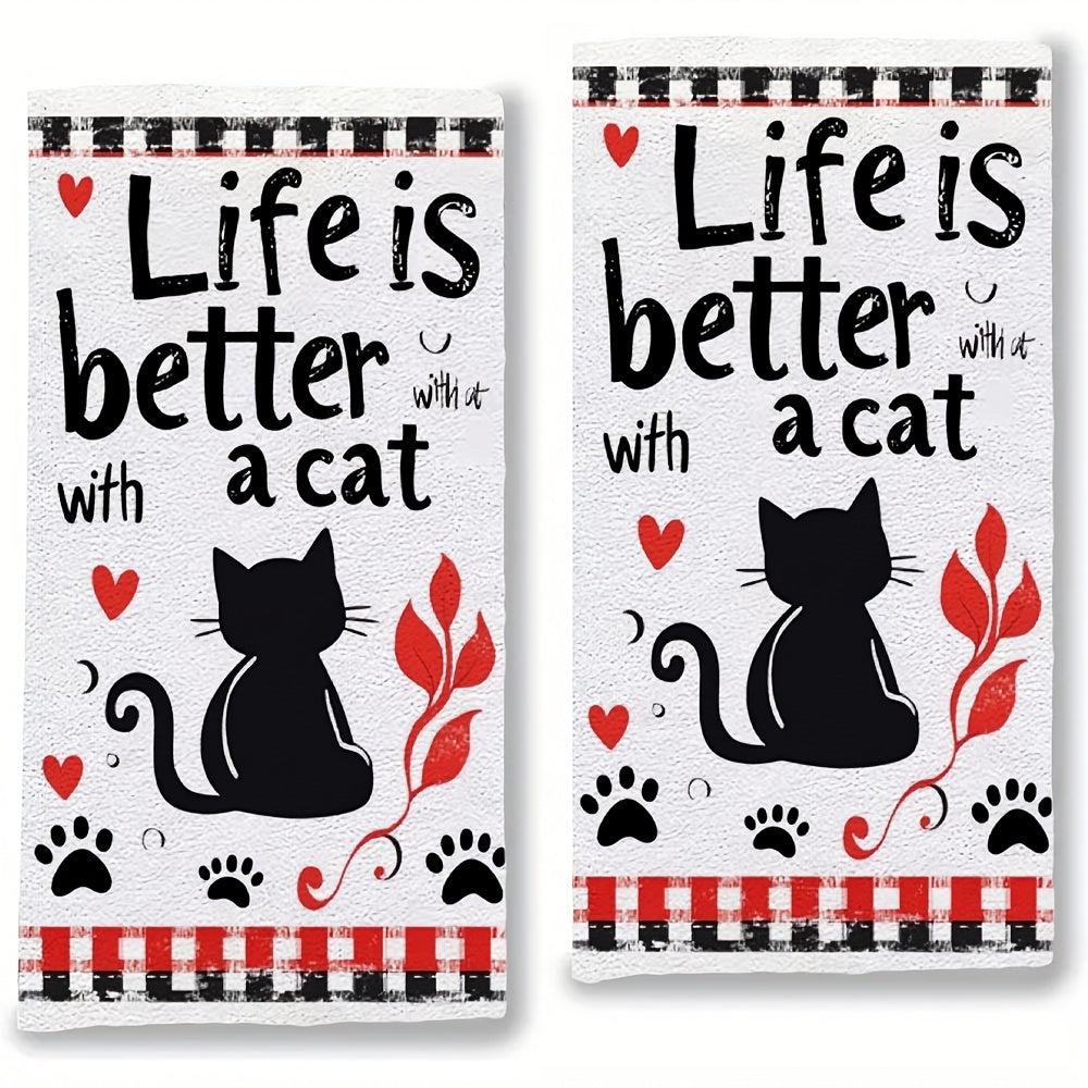 2 Pack Ultra Soft Kitchen Towels with Cat Text and Kitten Illustration 16x24 Inches