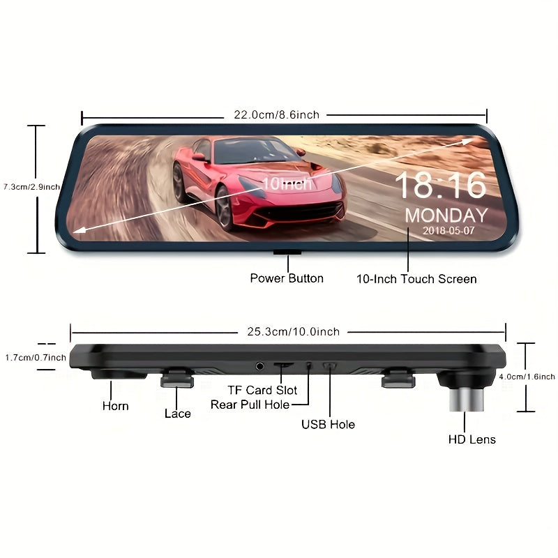 1080P Front and 720P Rear Camera Mirror Dash Cam Touch Screen Magnetic Mount Rechargeable Battery