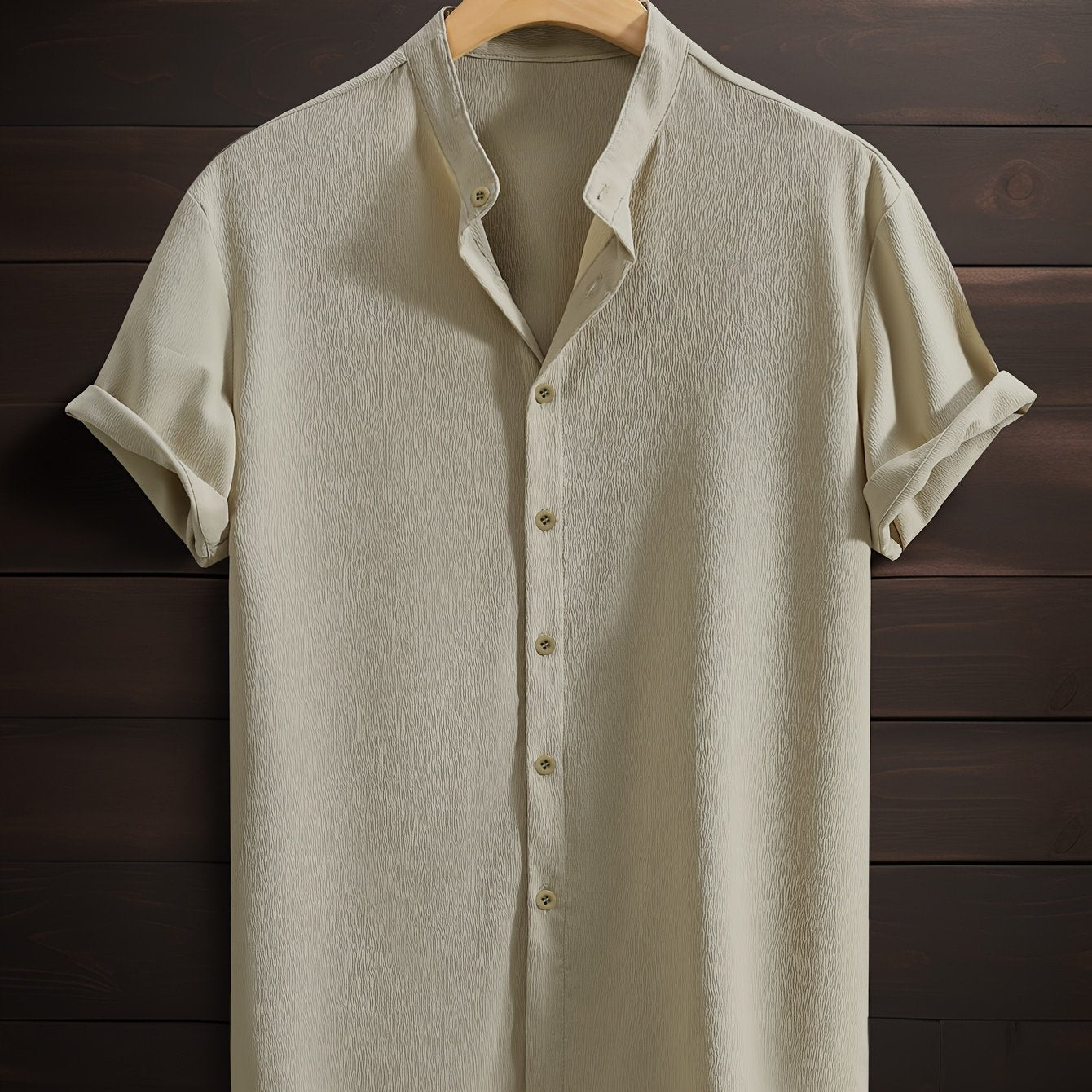 Men's Green Short-Sleeve Woven Cotton Casual Shirt for Summer