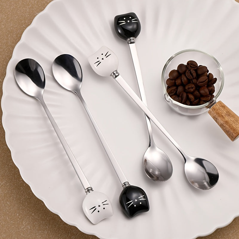 Stainless Steel Coffee Stirrers with Ceramic Cat Spoons
