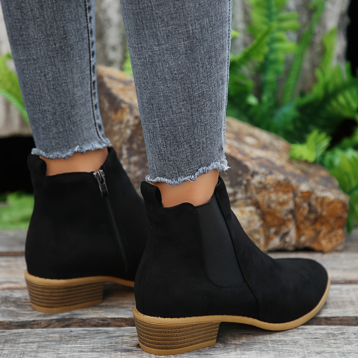 Women's Ankle Short Boots Leather Side Zipper Pointed Toe Chunky Heel