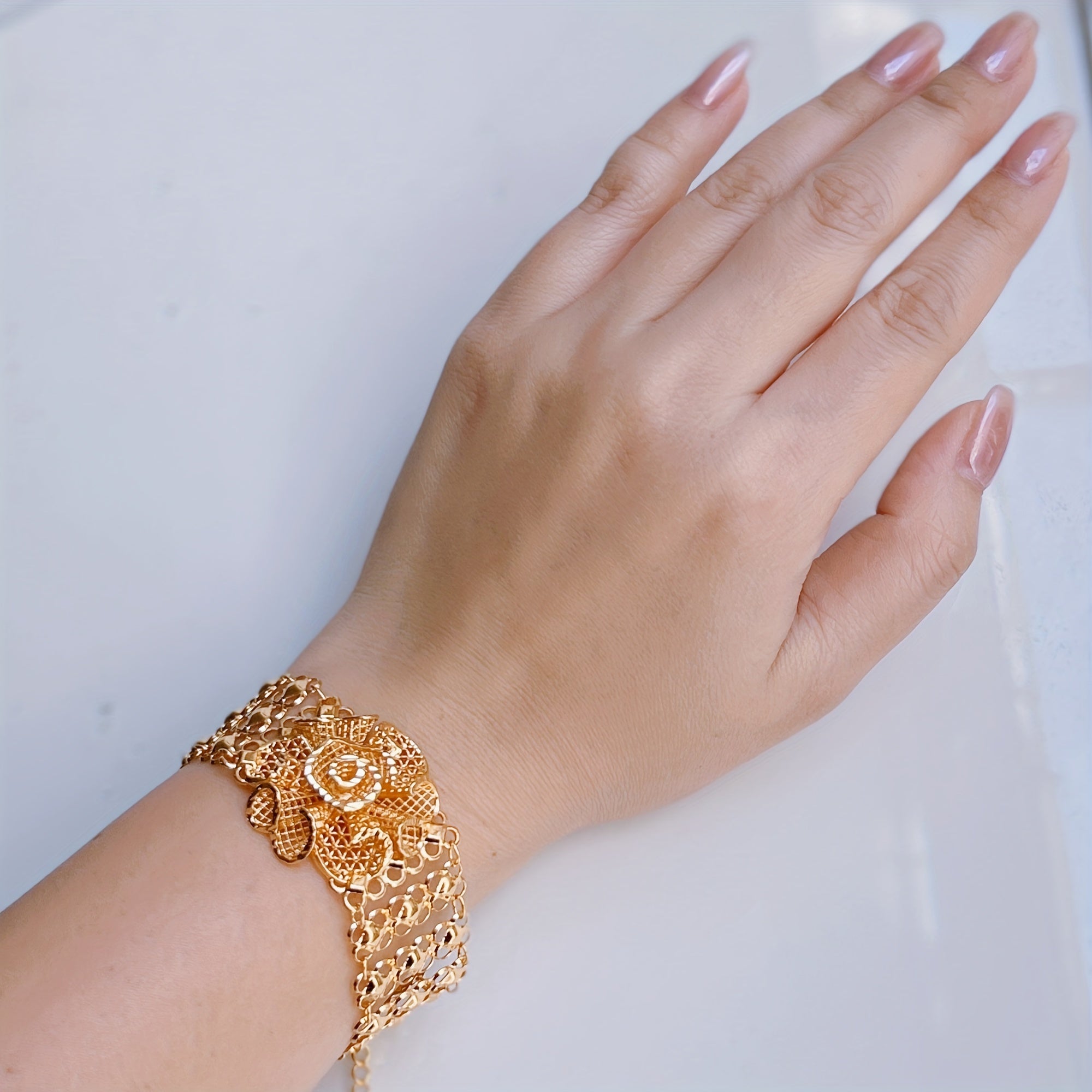 Gold-Plated Champagne Rose Flower Bracelet with Wide Chain for Weddings and Gifts