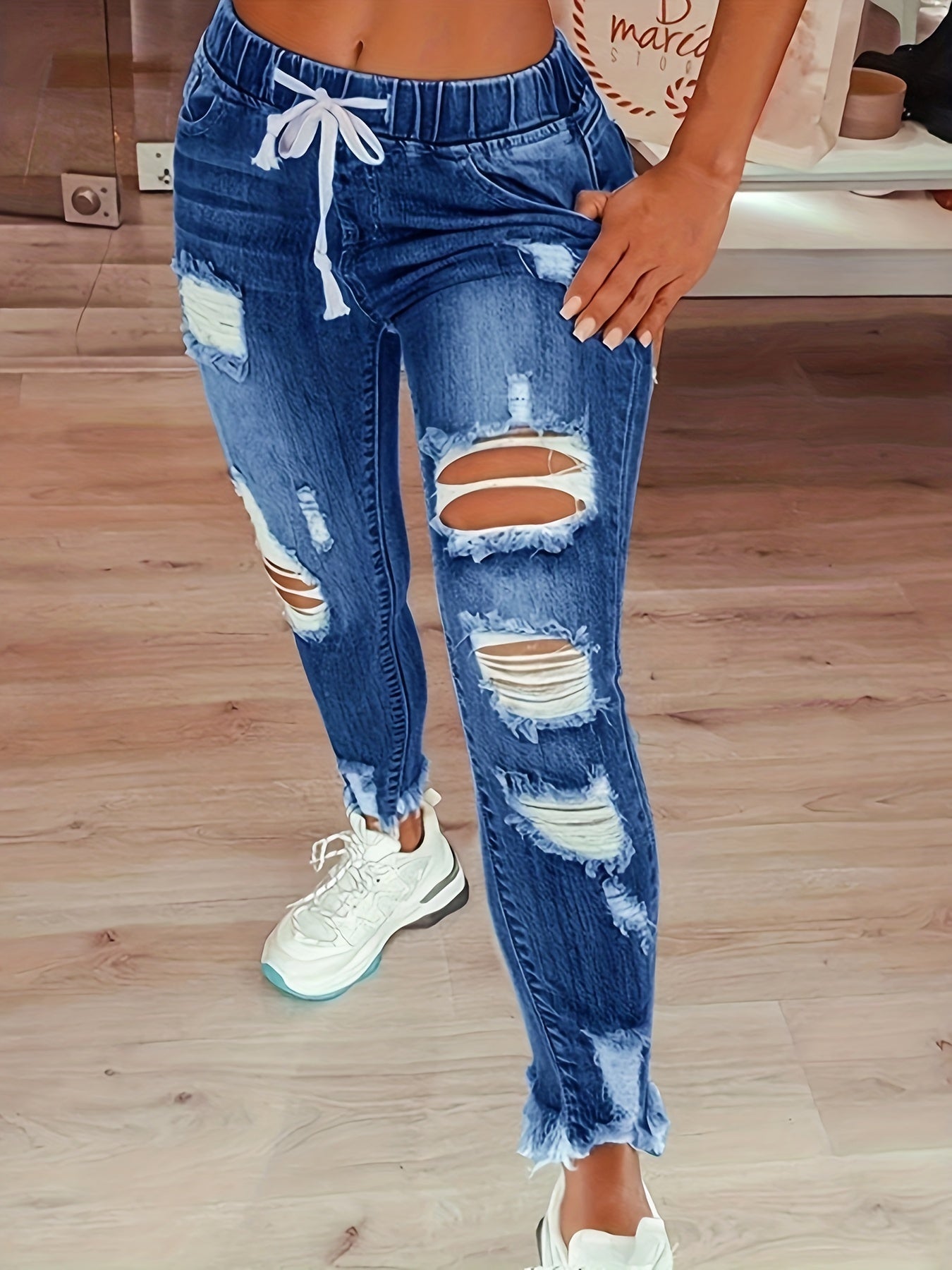 Plus Size Retro High Rise Skinny Jeans with Ripped Raw Trim and Elastic Drawstring Waist