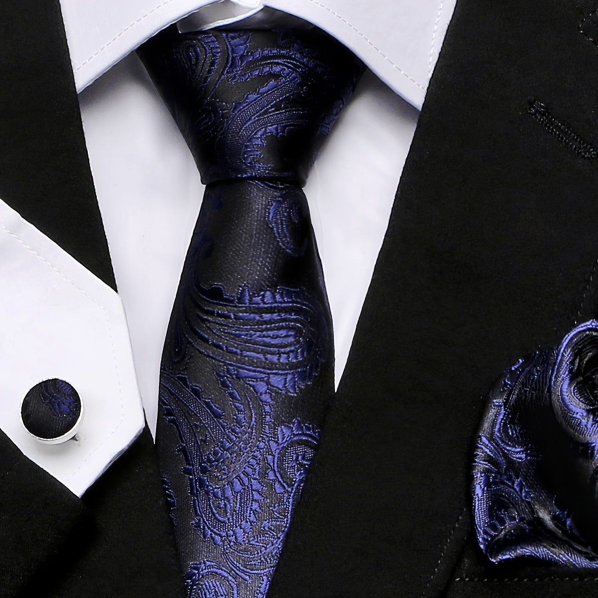 Elegant Paisley Stripe Tie Set with Pocket Square and Cufflinks for Weddings and Formal Events