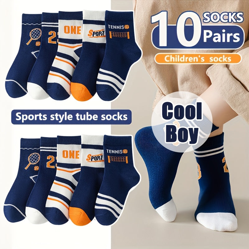 Boys Athletic Socks Mid-Calf Length 10 Pairs Blue Orange White Sports Socks