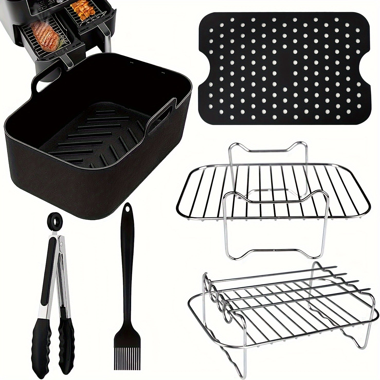 6-Piece Air Fryer Accessories Set with Stainless Steel Parchment Paper and Grill Rack