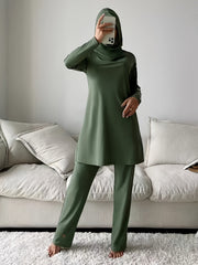 Women's Green Floral Full-Length Swimsuit with Hijab Long Sleeve Polyester Stretch Fabric