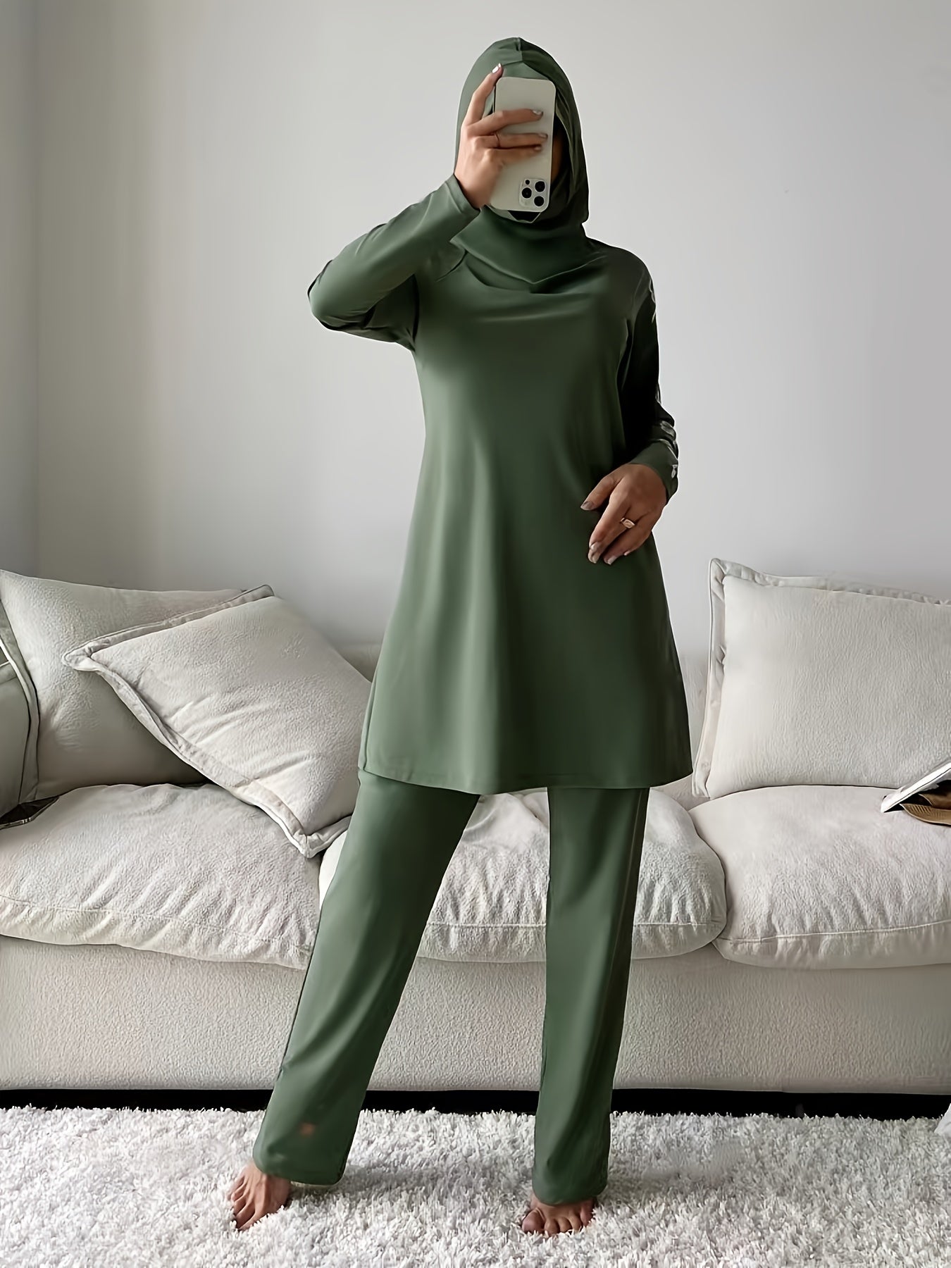 Women's Green Floral Full-Length Swimsuit with Hijab Long Sleeve Polyester Stretch Fabric