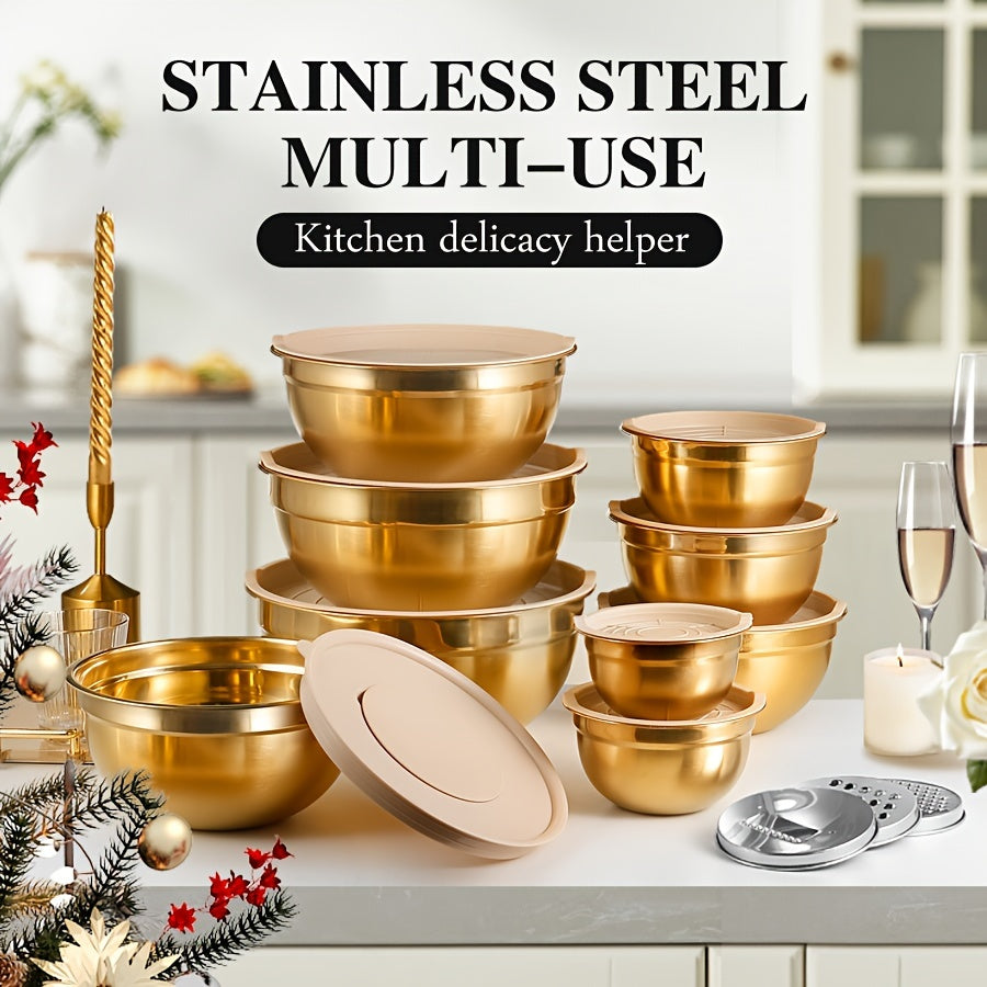 Set of 3 or 10 Stainless Steel Mixing Bowls with Lids and Grater, Rust-Resistant