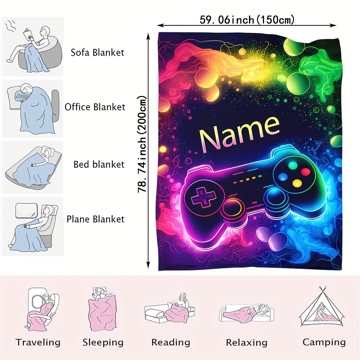 Customizable Gaming Controller Pattern Throw Blanket Flannel Soft Warm Lightweight