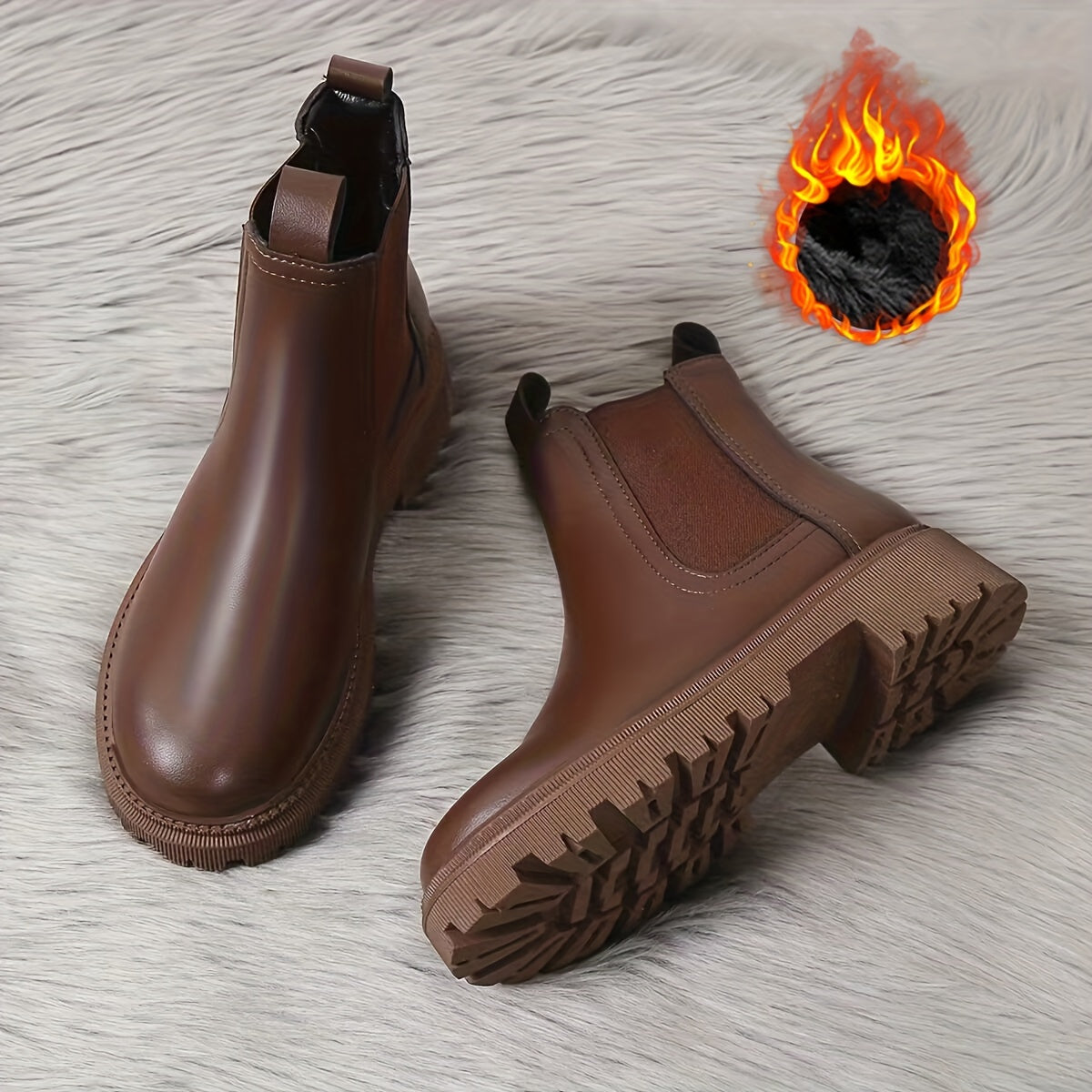 Botines Chelsea de cuero sintético para mujer con forro de peluche para inviernos nevados