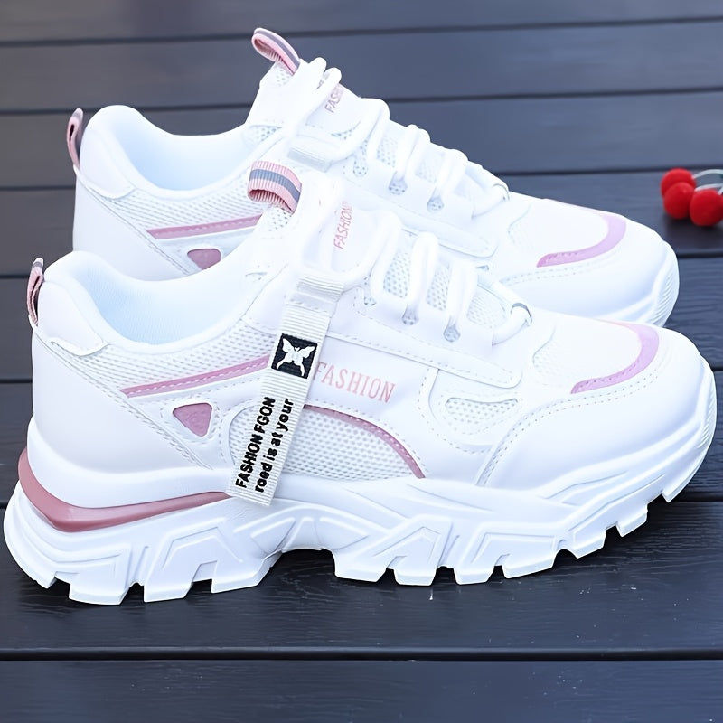 Women's White Mesh Low Top Sneakers with Lace-Up Closure and PVC Sole