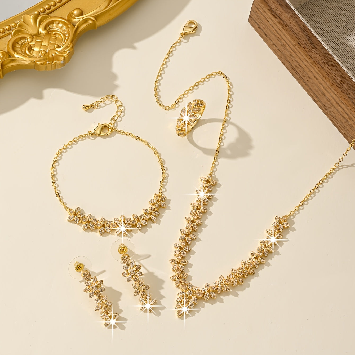 Luxurious Bridal Jewelry Set featuring Star and Flower Designs, 18K Gold Plated, made with Synthetic Zirconia and Copper, perfect for both daily wear and wedding occasions. (5 pieces included)