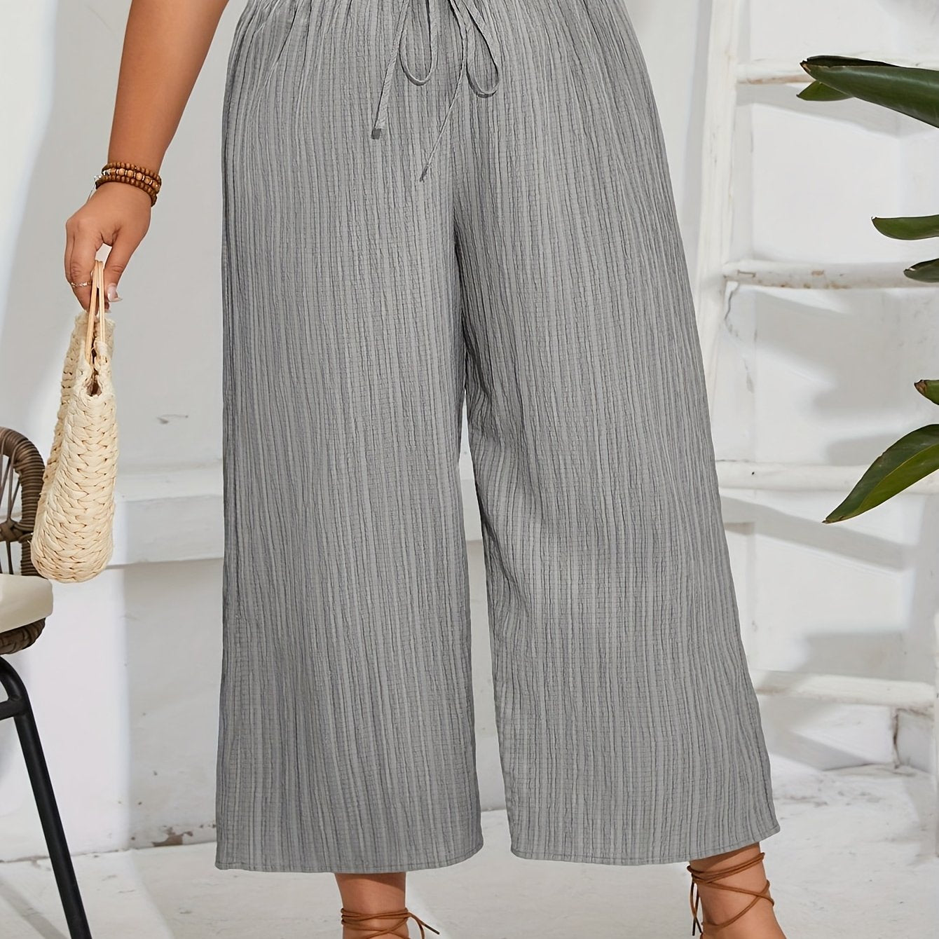 Women's Plus Size Drawstring Wide Leg Pants Solid Color Casual Lightweight
