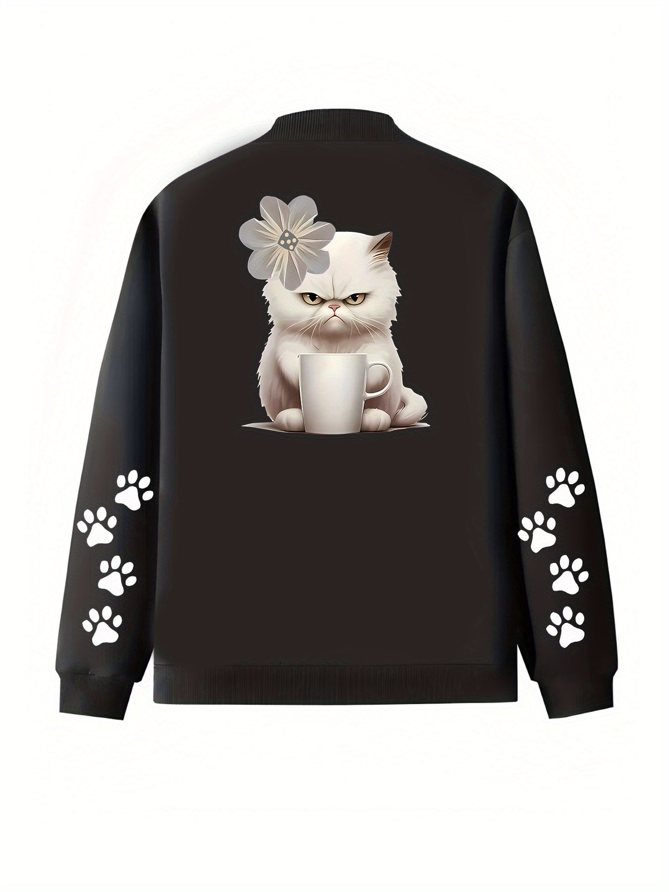 Plus Size Women's Casual Bomber Jacket with Cat Graphic Black All-Season Outerwear