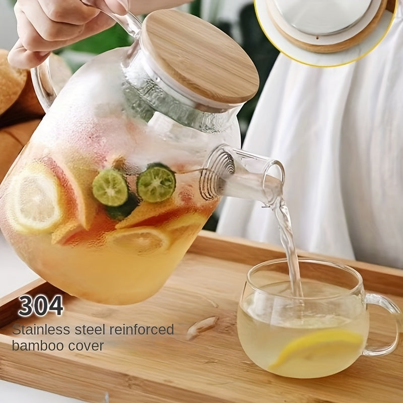 Large 1L Glass Kettle with Stainless Steel Bamboo Lid for Tea and Iced Beverages