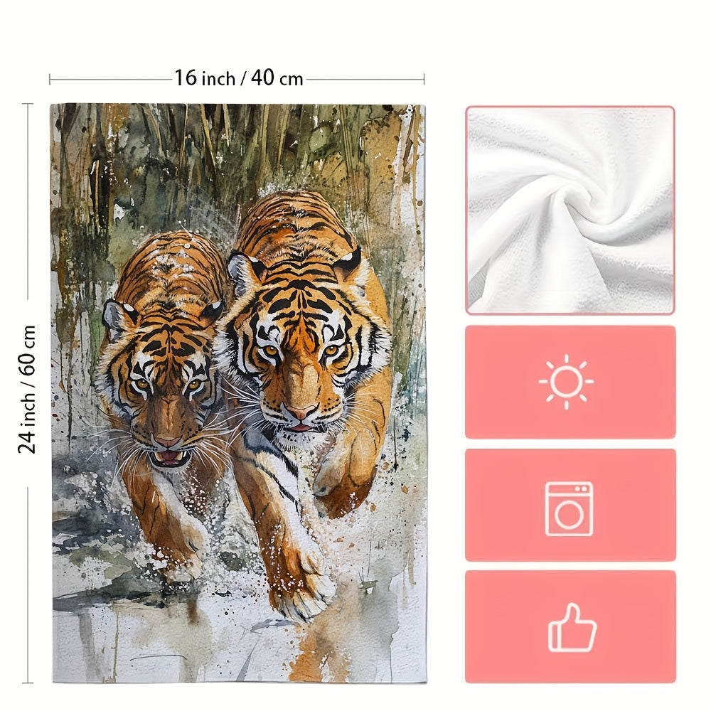 Set of 2 Watercolor Tiger Kitchen Towels 16x24 Inches Absorbent Machine Washable