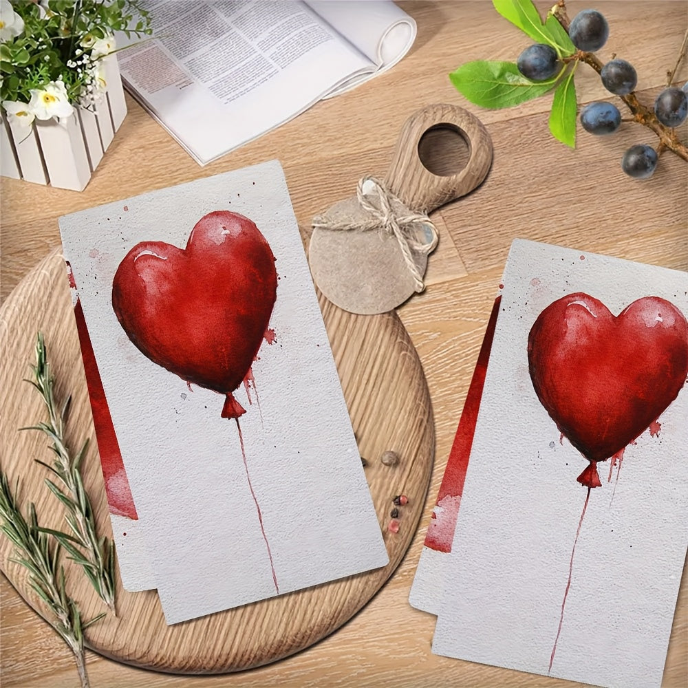 Two Pieces Kitchen Towels Red Heart Balloon Design 16x24 Inches Absorbent
